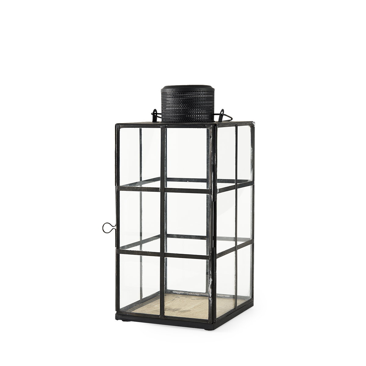 Gamfield  Medium Black Metal and Glass Lantern, Lighting by Mercana, 6.1" length x 6.1" width x 13.39" height View 1