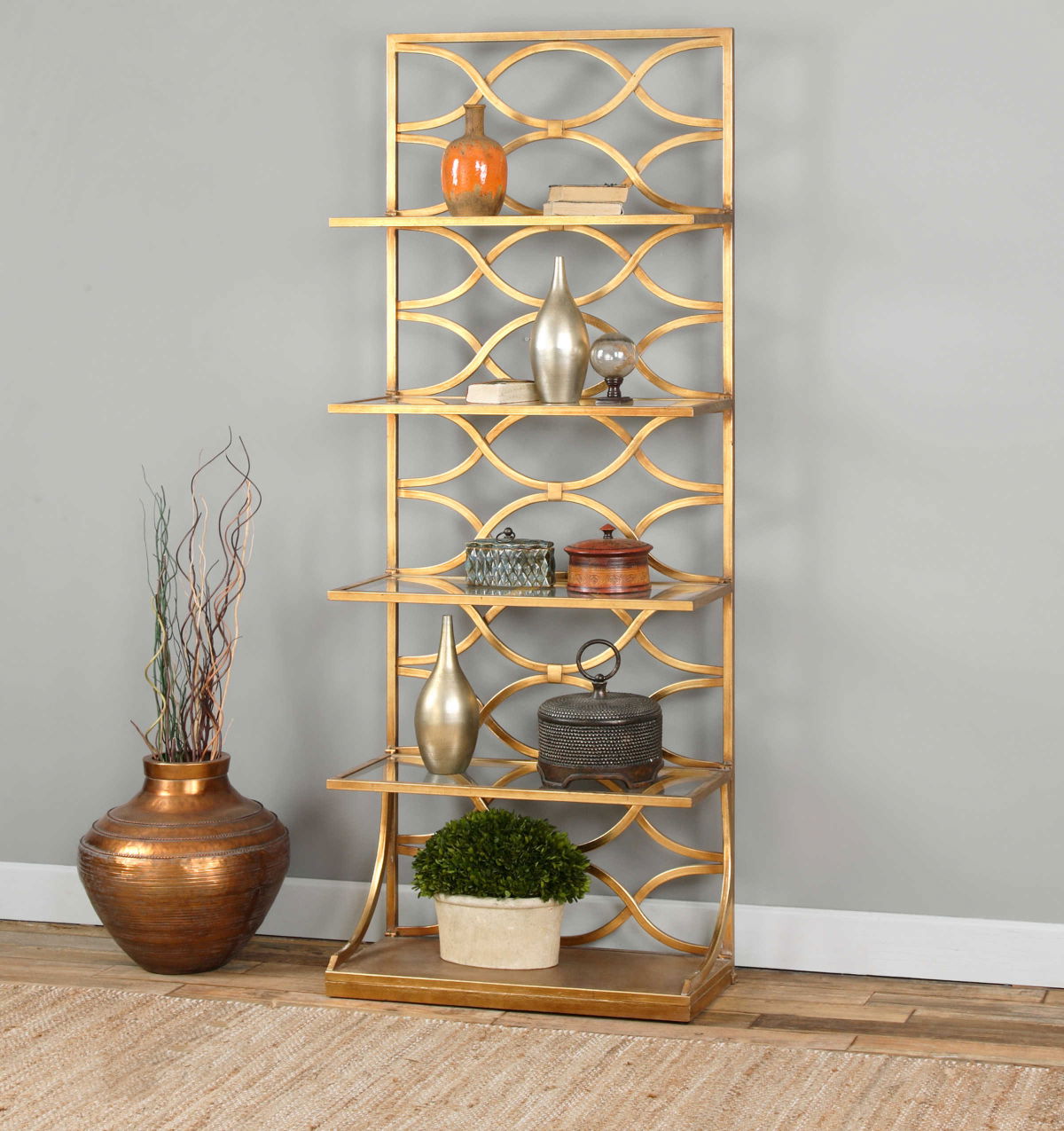 Lashaya Gold Etagere, Shelving & Bookcase by Uttermost, 30" width x 80" height x 12.75" depth View 2