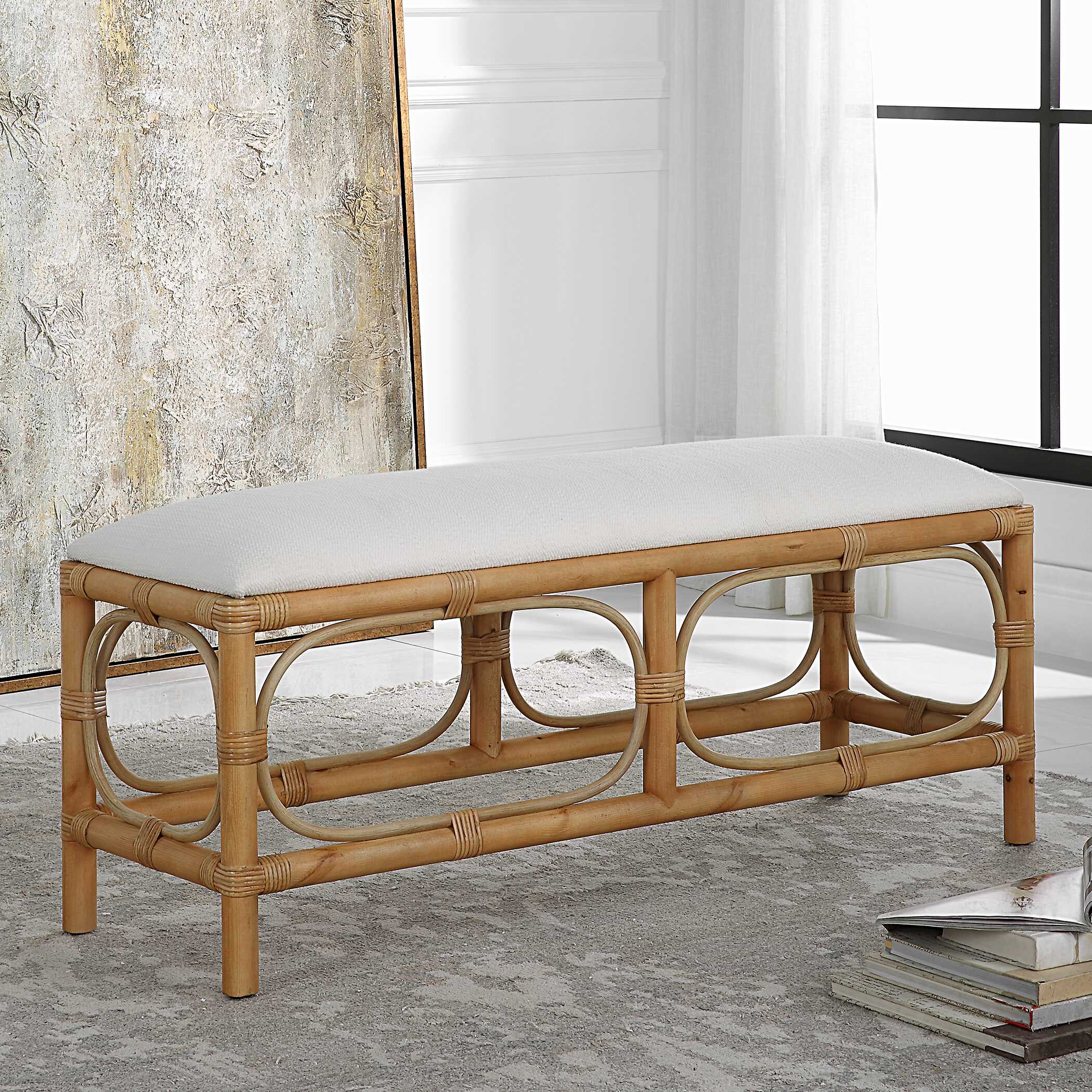 Laguna White Fabric Rattan Bench, Furniture by Uttermost, 48" width x 20.5" height x 16" depth View 8