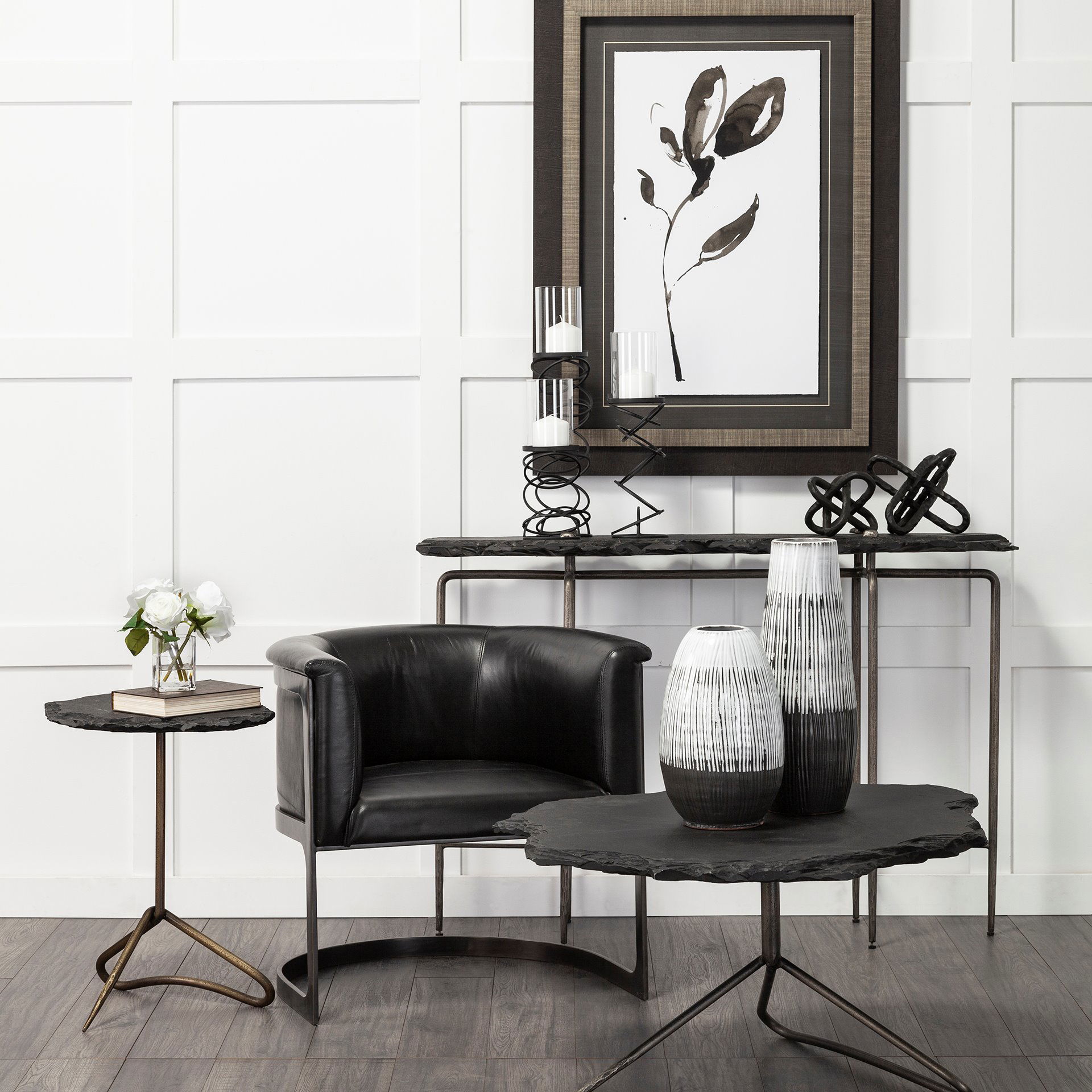 Omega I Small Black Metal Stacked Ring Table Candle Holder, Candles & Candle Holder by Mercana, 4.75" length x 4.75" width x 13.5" height View 2