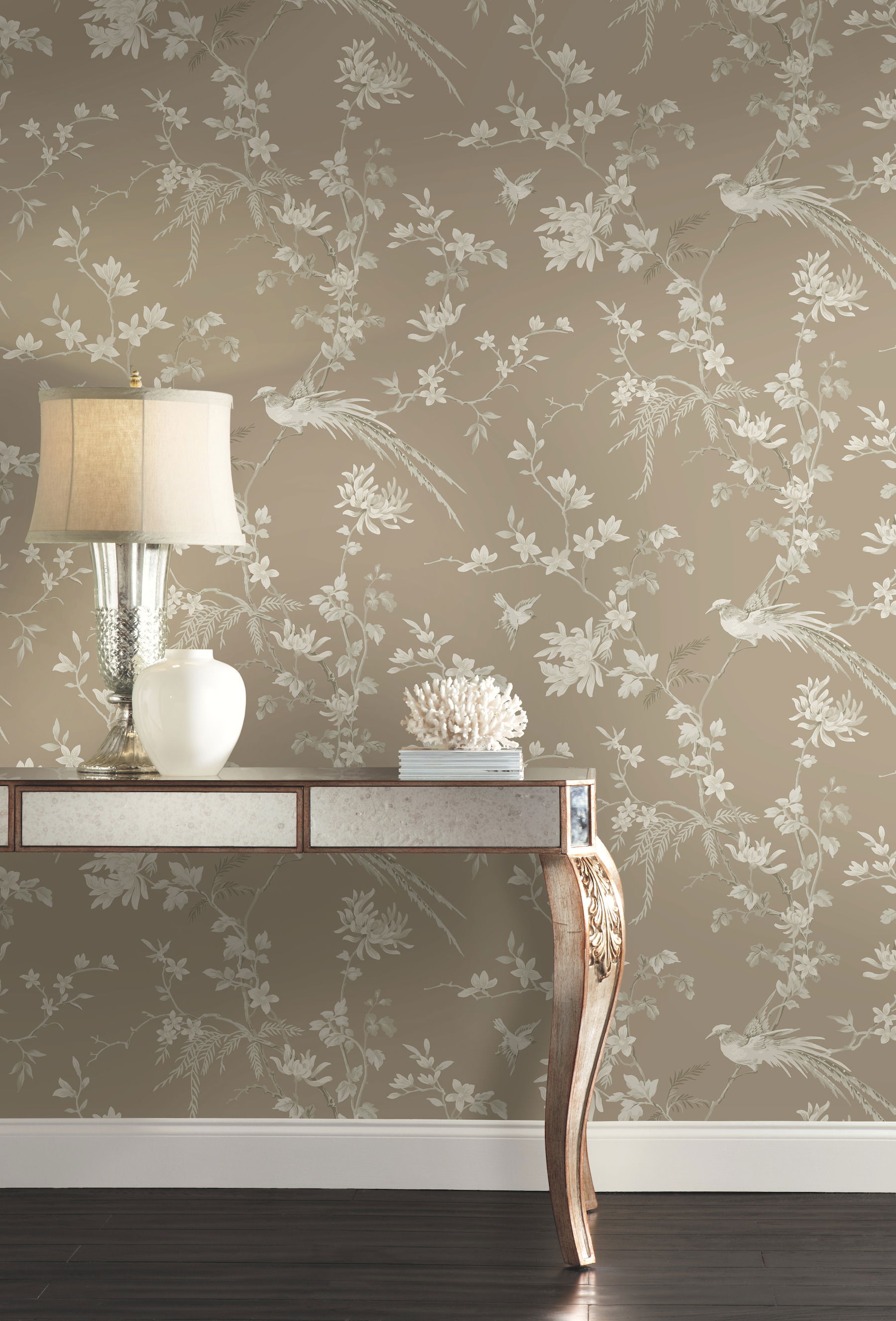 Bird & Blossom Chinoserie Brown Wallpaper large image 