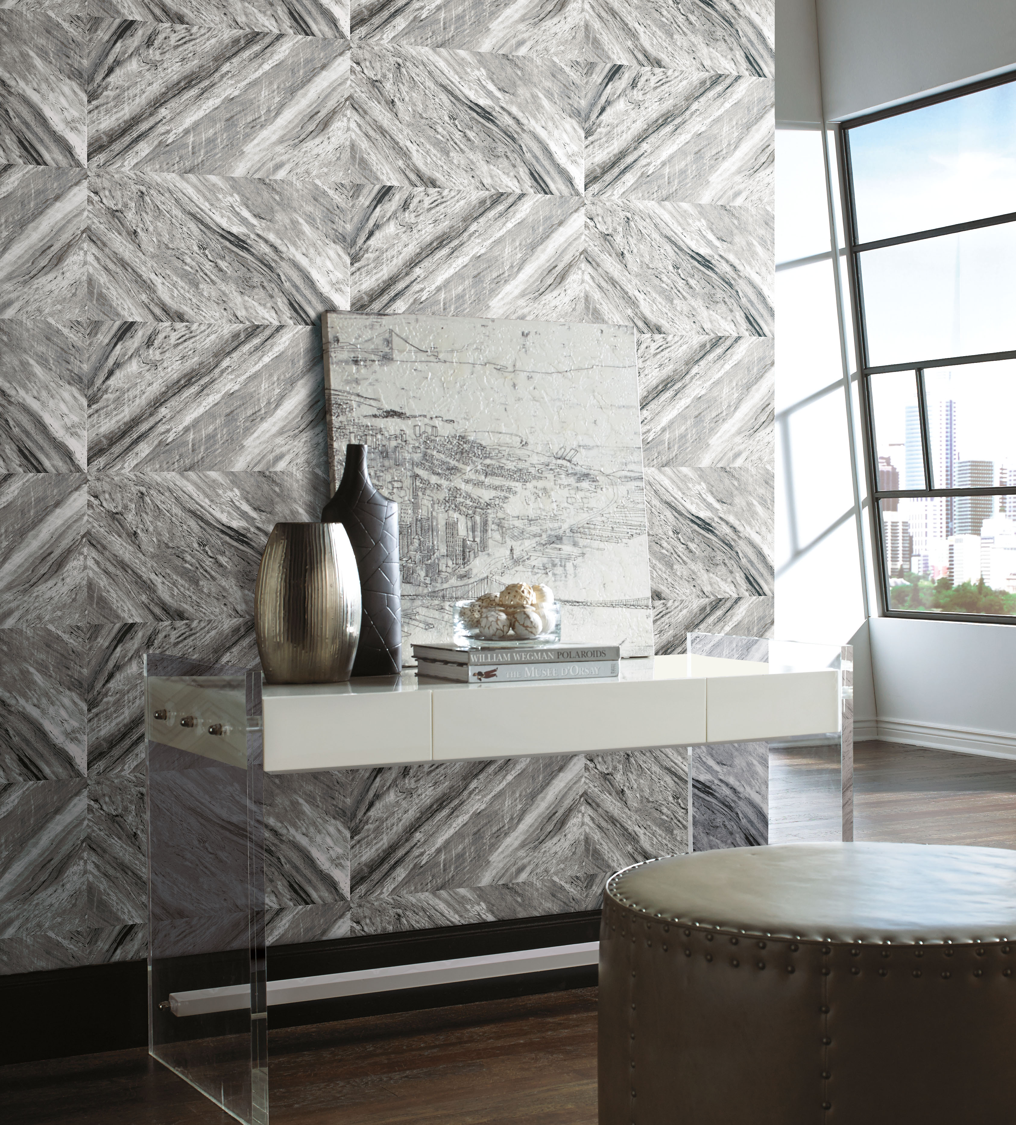 Carrara Horizontal Grey Peel & Stick Wallpaper, by York Wall, 20' length x 2'3" width x 0.02" depth View 3