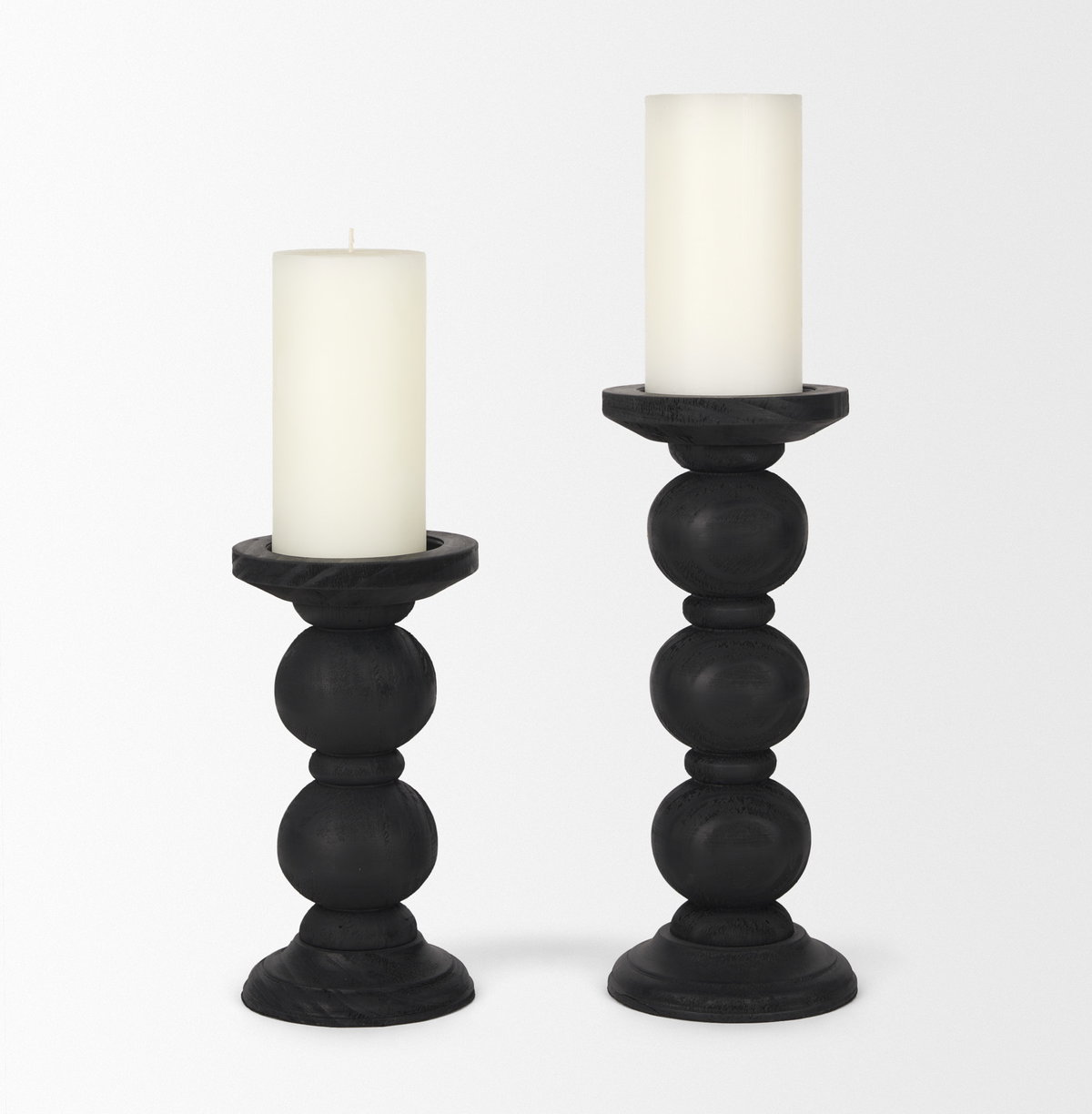Wanda Matte Black Wood Pillar Candle Holders (Set of 2), Candles & Candle Holder by Mercana, 4.75" length x 4.75" width x 11.5" height View 5