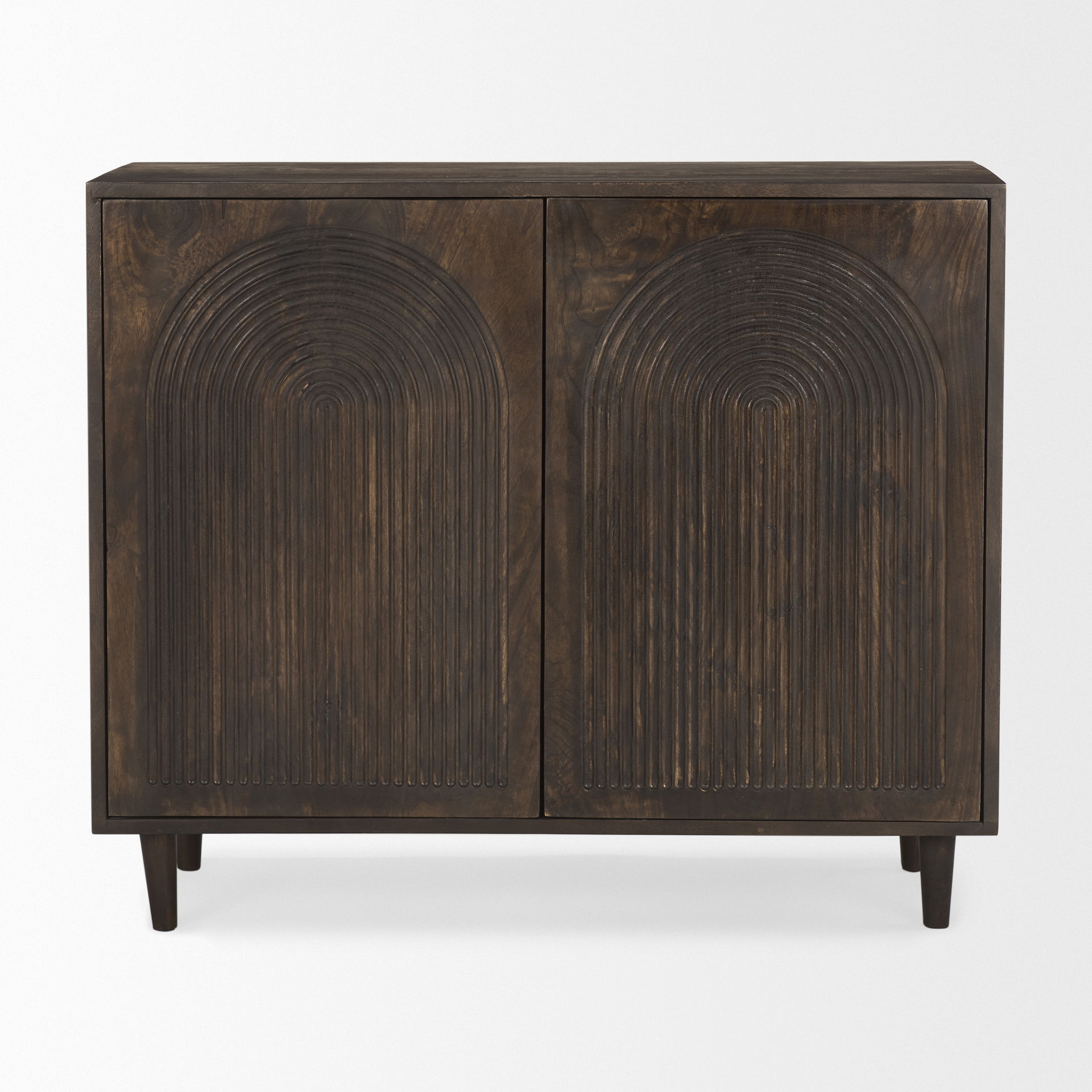 Tucker Dark Brown Wood with Carved Arch Pattern 2 Door Cabinet, Cabinets & Chest by Mercana, 36" length x 15" width x 30" height View 3