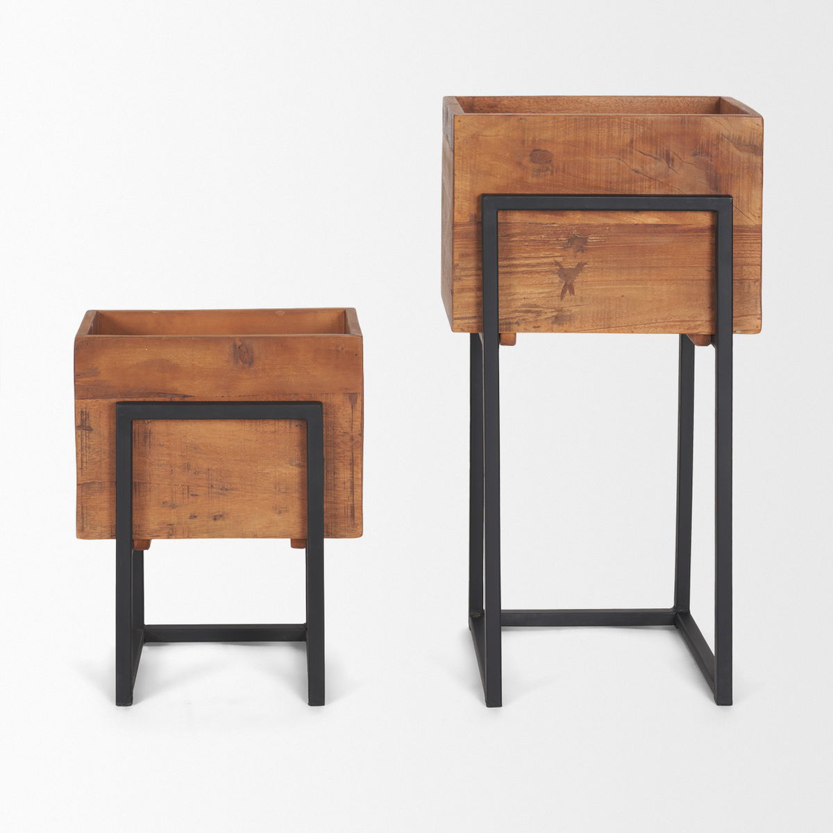 Jadine Set of 2 Medium Brown Wood with Black Metal Rectangle Frames, Planter by Mercana, 15" length x 12" width x 30" height View 5