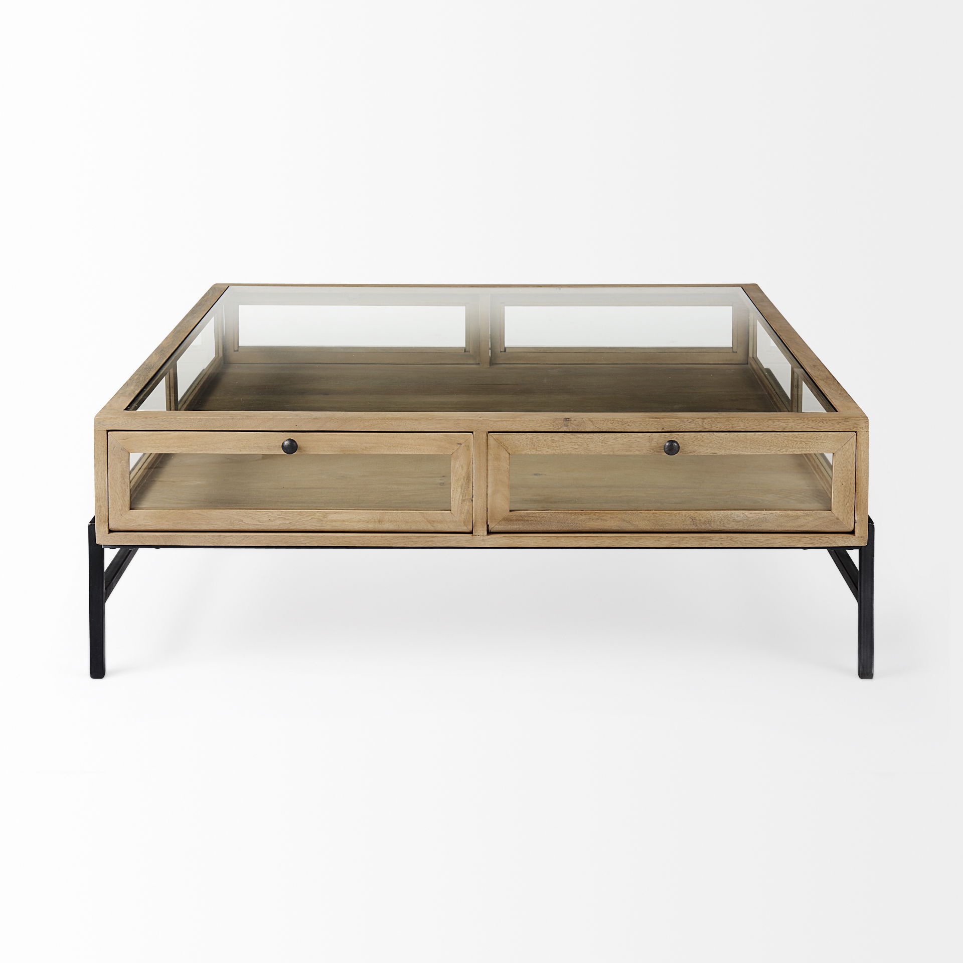 Arelius 42' Square Glass-Top Light Brown with Black Metal Base Display Coffee Table large image 