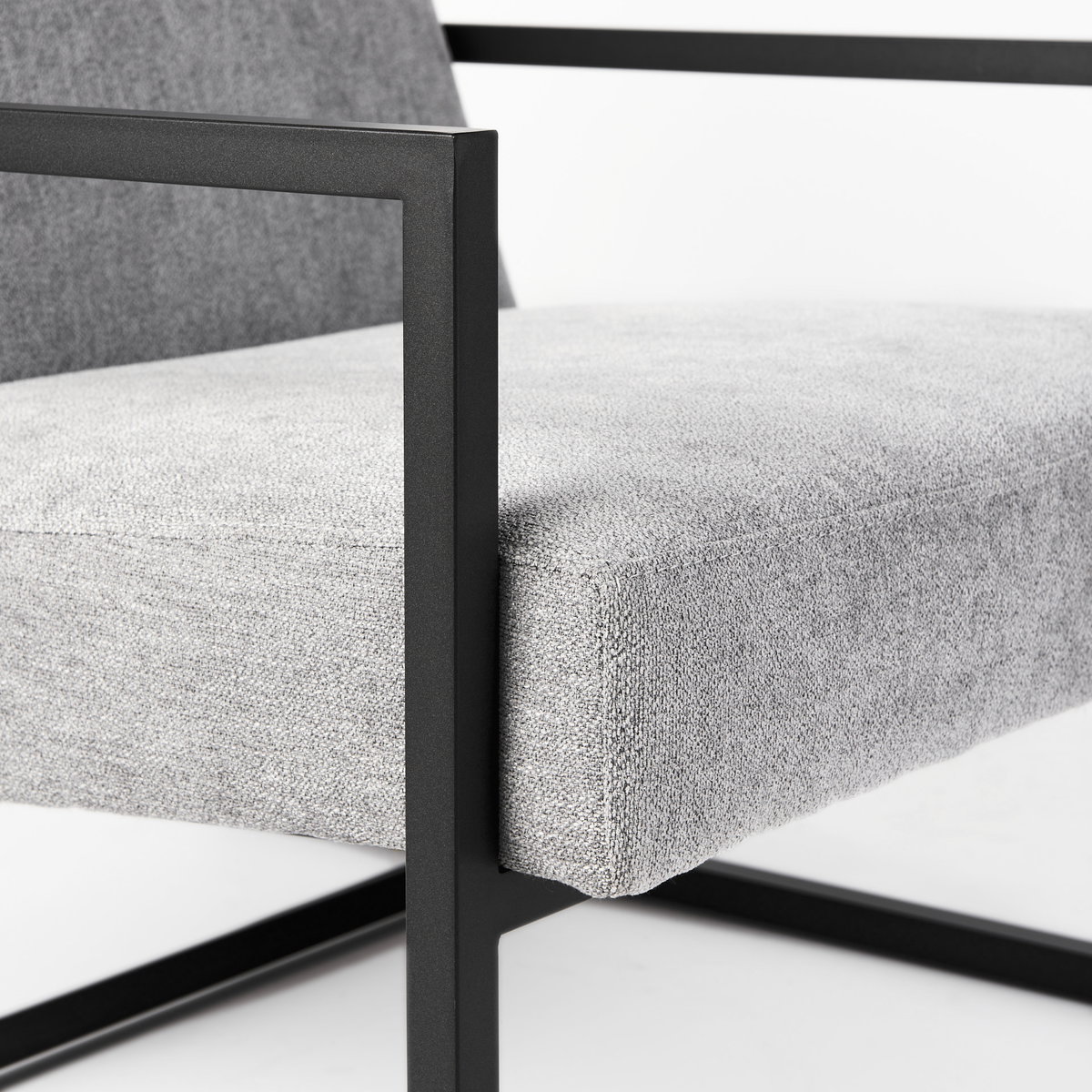 Armelle Gray Fabric Seat with Black Metal Frame Accent Chair, by Mercana, 28.35" length x 33.07" width x 29.92" height View 8