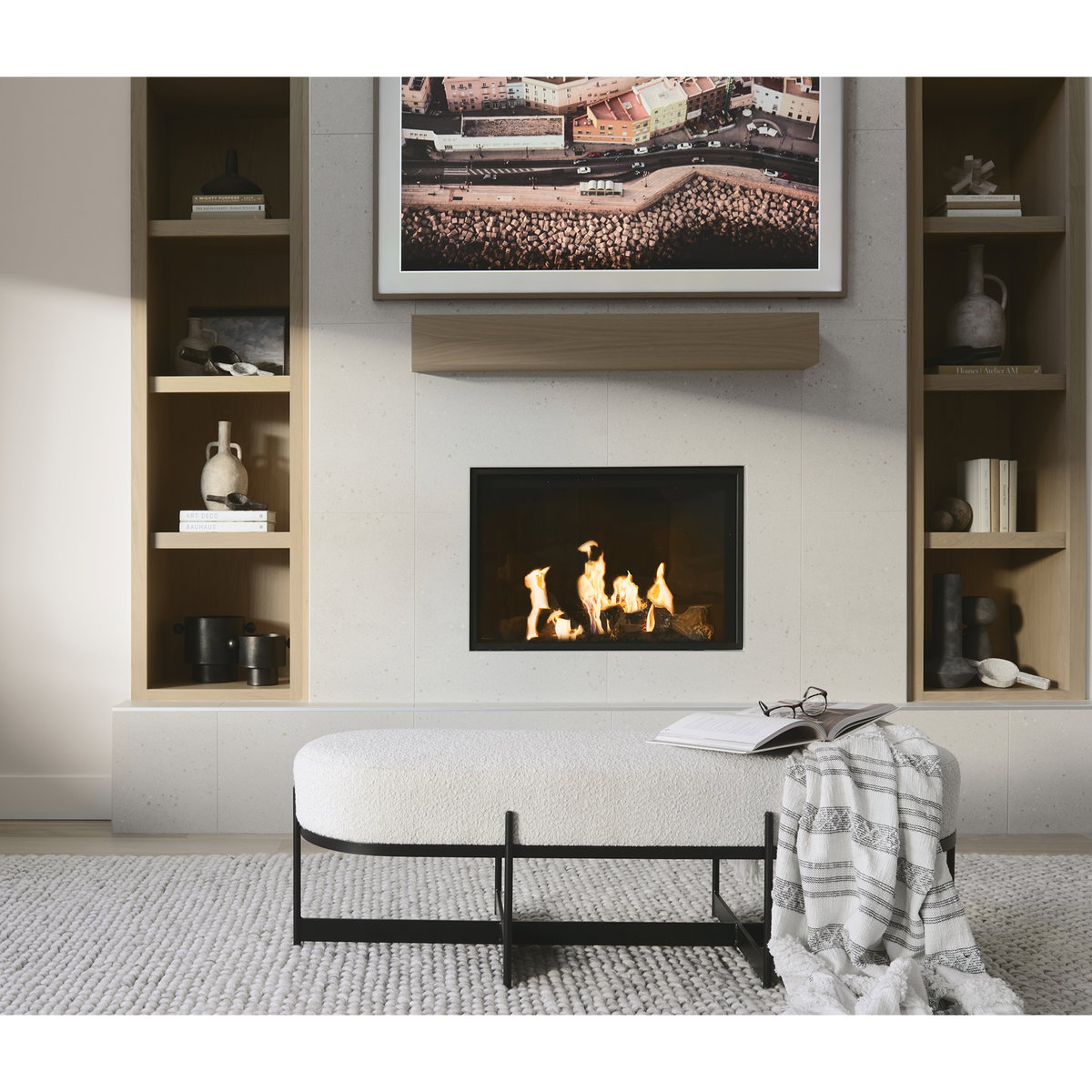 Amelia 55.0L x 18.0W x 18.0H Cream Boucle with Black Metal Upholstered Bench, Benche by Mercana, 18" length x 55" width x 18" height View 2