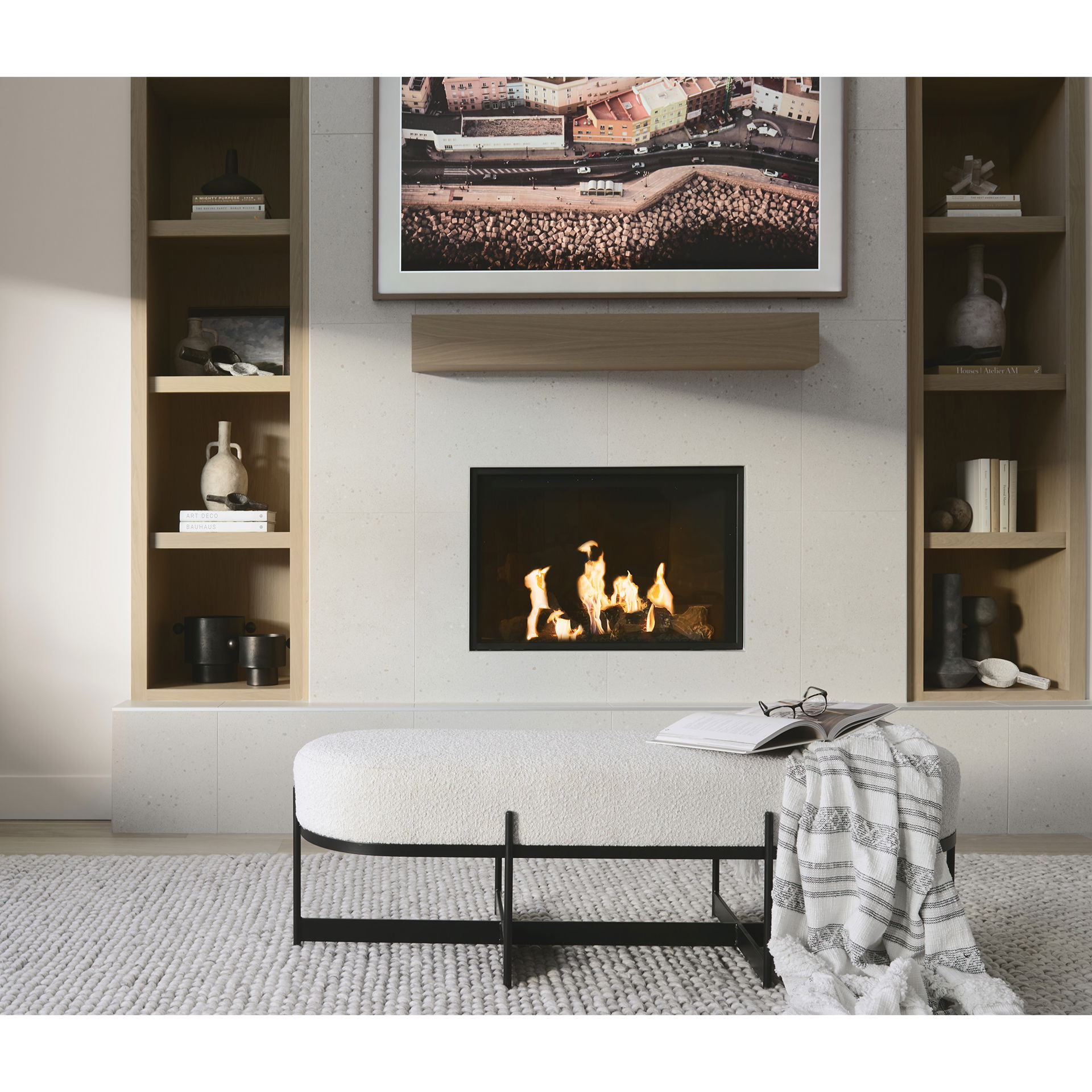 Amelia 55.0L x 18.0W x 18.0H Cream Boucle with Black Metal Upholstered Bench large image 