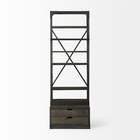 Brodie VII 32L x 22W x 94H Brown Wood Gun-Metal Bracing Four Shelf Shelving Unit