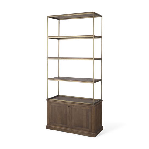 Braxton Dark Brown Wood with Antiqued Aged Brass Metal 3 Tiers 2 Door Shelving Unit
