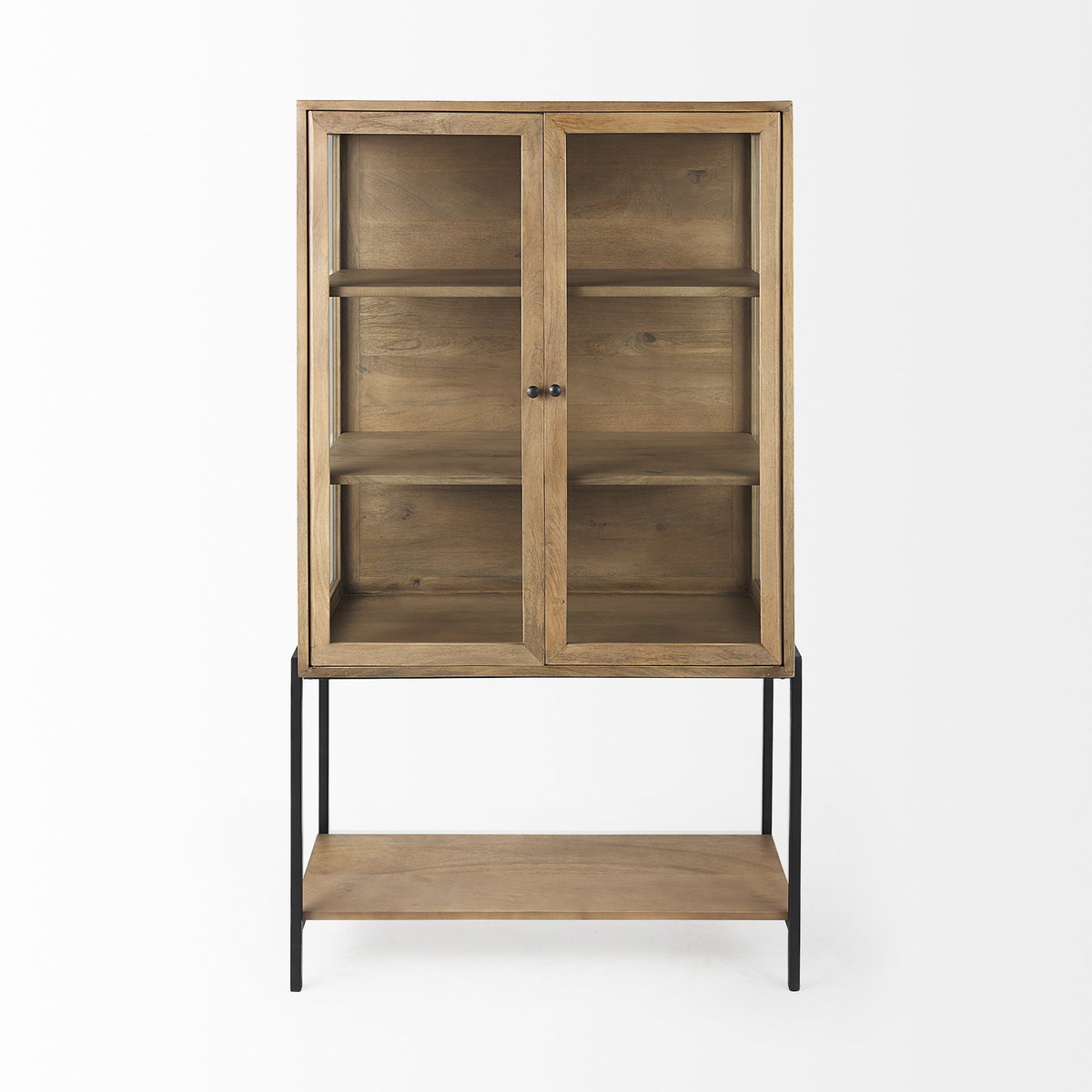 Arelius 36L x 18.75W x 63H Light Brown Wood with Black Metal Base Display Cabinet, Cabinets & Sideboard by Mercana, 36" length x 18.75" width x 63" height View 6