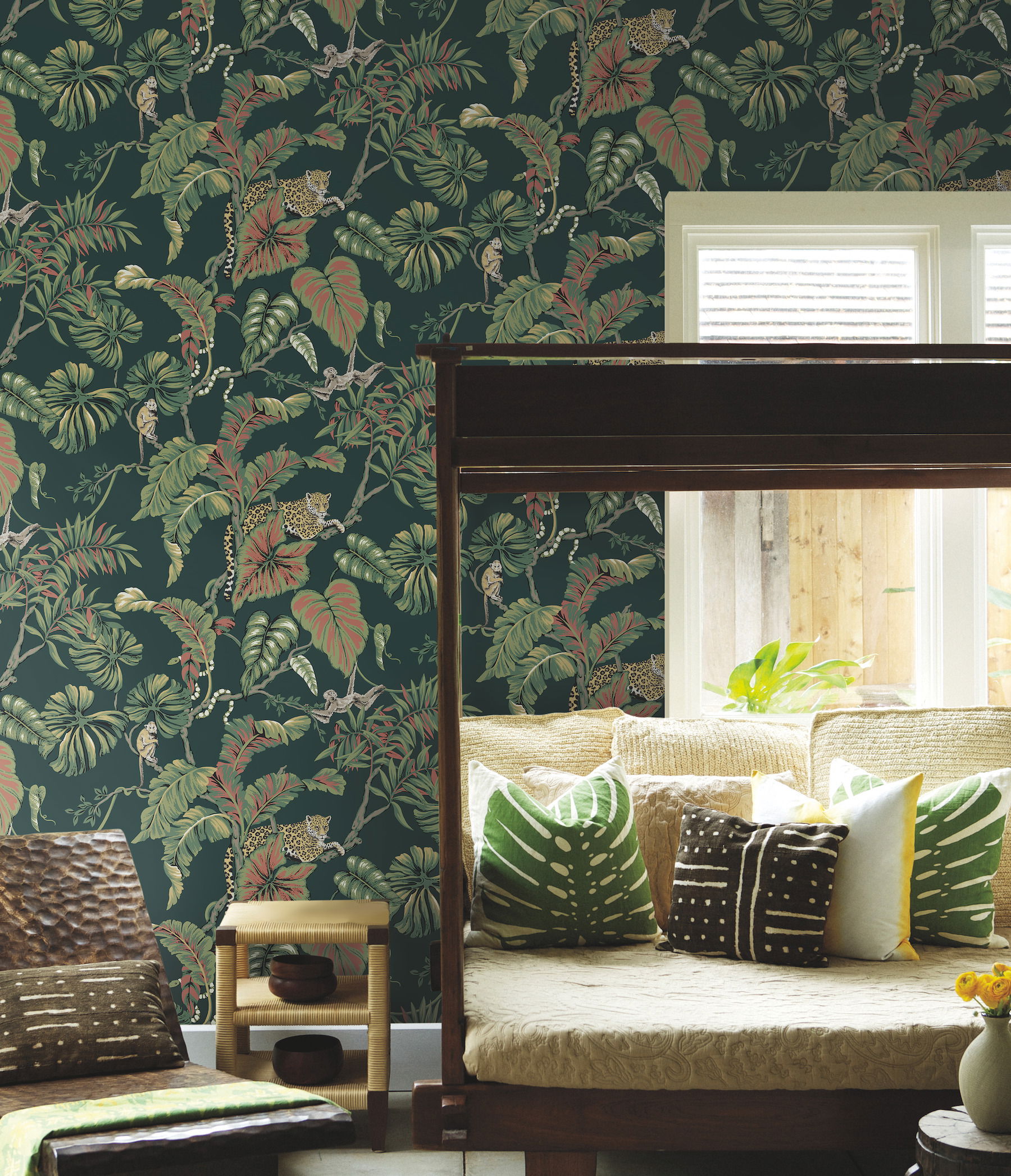 Jungle Cat Dark Green Wallpaper large image 
