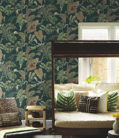 Jungle Cat Dark Green Wallpaper