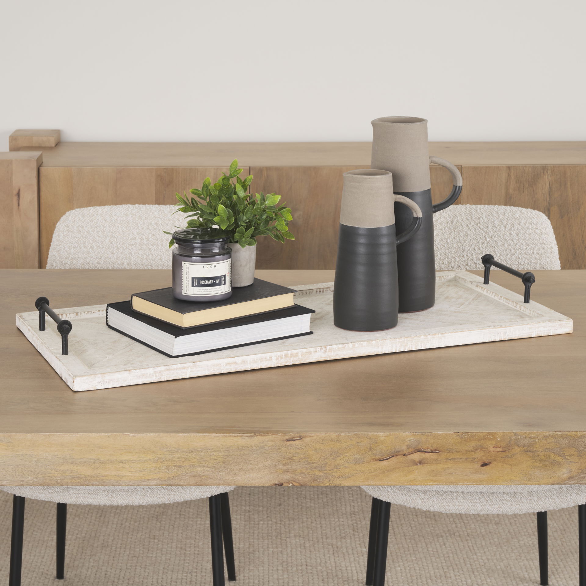 Alfred 35L x 16W Natural Wooden Herringbone Rectangular Tray, Decorative Tray by Mercana, 16" length x 35" width x 4" height View 2