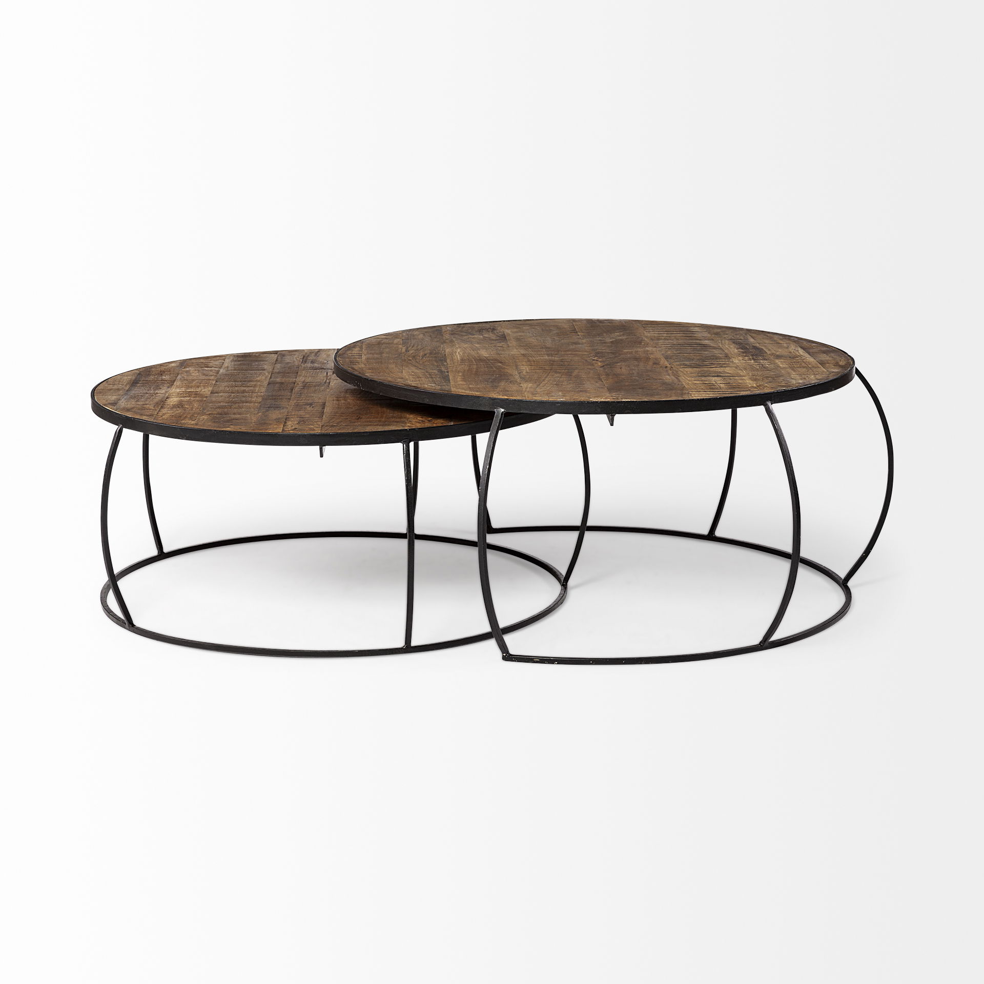Clapp I Set of 2 (41' & 38') Round Brown Wood Top Black Iron Base Nesting Coffee Tables, by Mercana, 44" length x 44" width x 20" height View 5