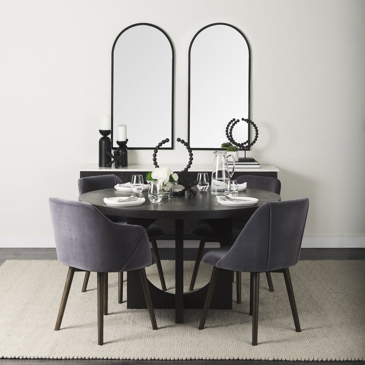 Ronald Curved Back Dining Side Chair | Grey Velvet with Black Wood, Dining Chair by Mercana, 23.25" length x 21.75" width x 32.25" height View 2