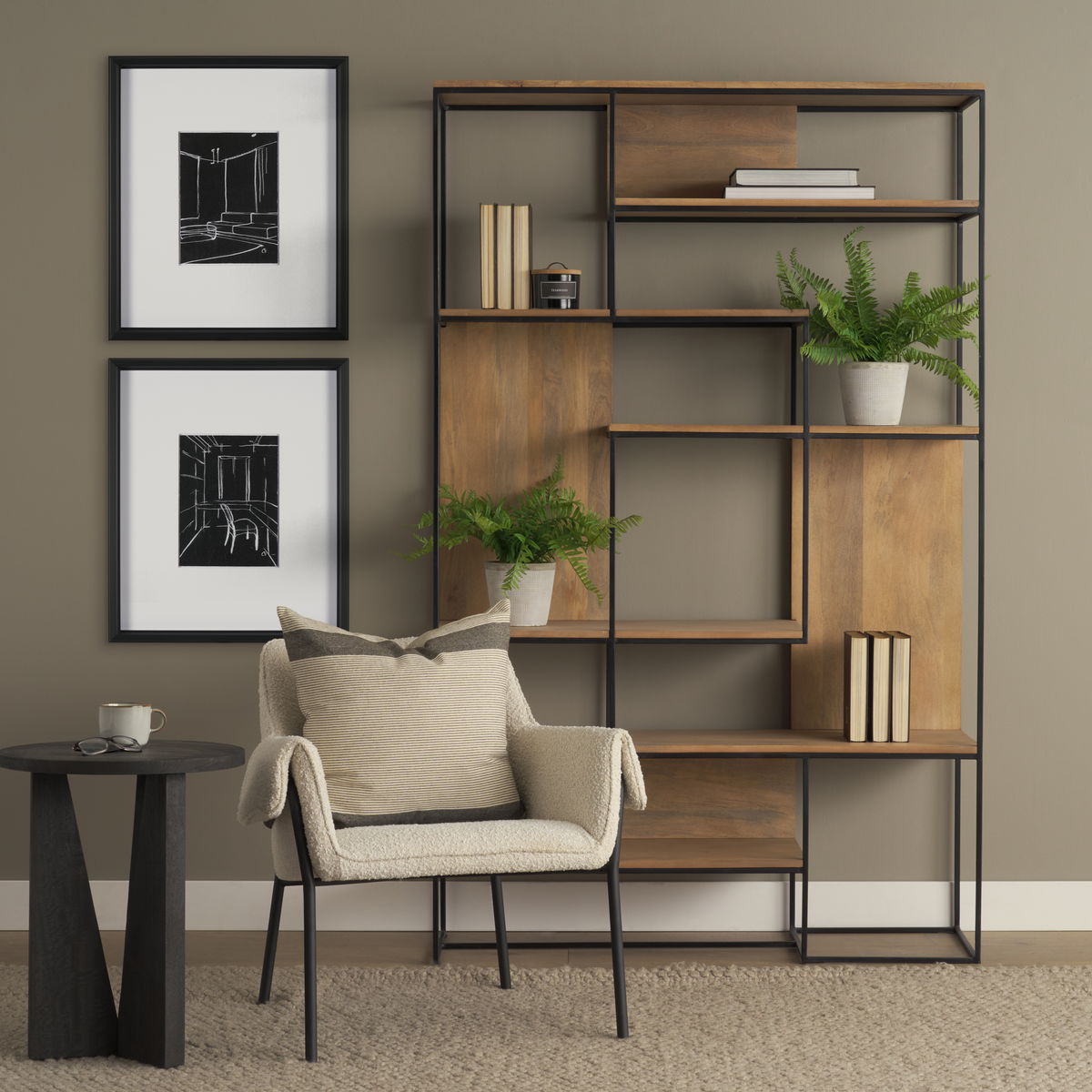 Morris 47.0L x 15.0W x 75.0H Light Brown Wood with Black Metal Frame 6-Tier Shelving Unit, Shelving & Bookcase by Mercana, 47.25" length x 15" width x 75.5" height View 2