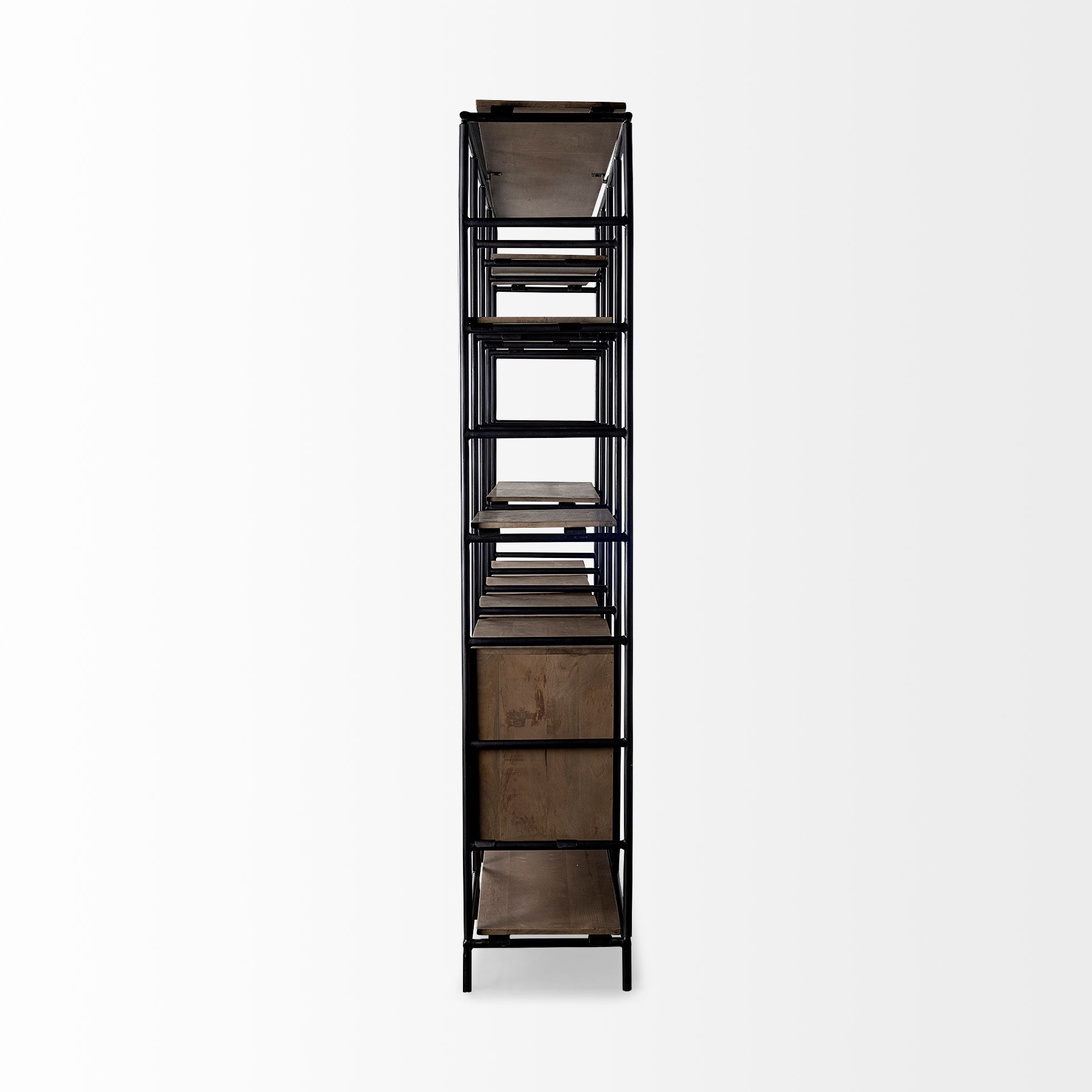 Darius 82L x 16.5W x 90H Medium Brown Wood and Metal Multi-Shelf Shelving Unit, Shelving & Bookcase by Mercana, 82" length x 16.5" width x 90" height View 4
