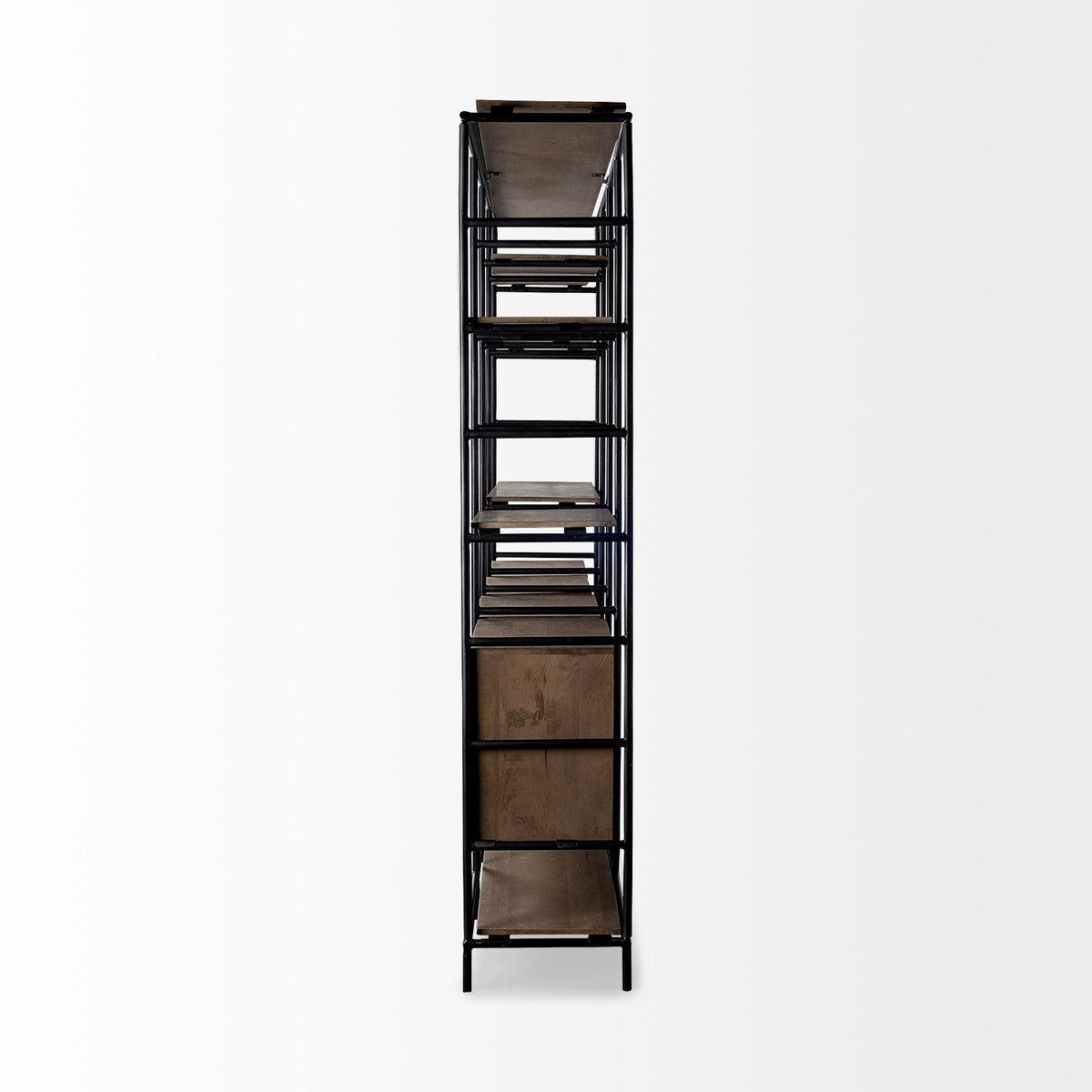 Darius 82L x 16.5W x 90H Medium Brown Wood and Metal Multi-Shelf Shelving Unit, Shelving & Bookcase by Mercana, 82" length x 16.5" width x 90" height View 4
