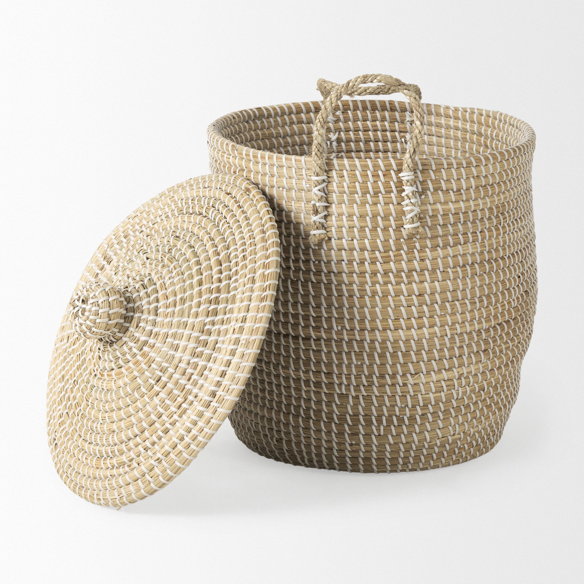 Olivia 15.7L x 15.7W x 17.3H Set of 3 Beige Seagrass Basket with Lid and Handles, Bins & Basket by Mercana, 18.5" length x 13.39" width x 14.57" height View 4