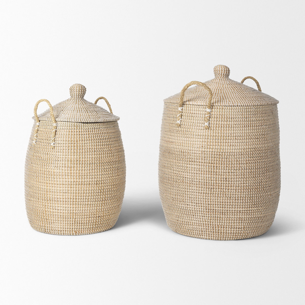 Kairi Set of 2 Seagrass Floor Baskets with Lids and Handles, Bins & Basket by Mercana, 20.87" length x 20.87" width x 29.92" height View 6