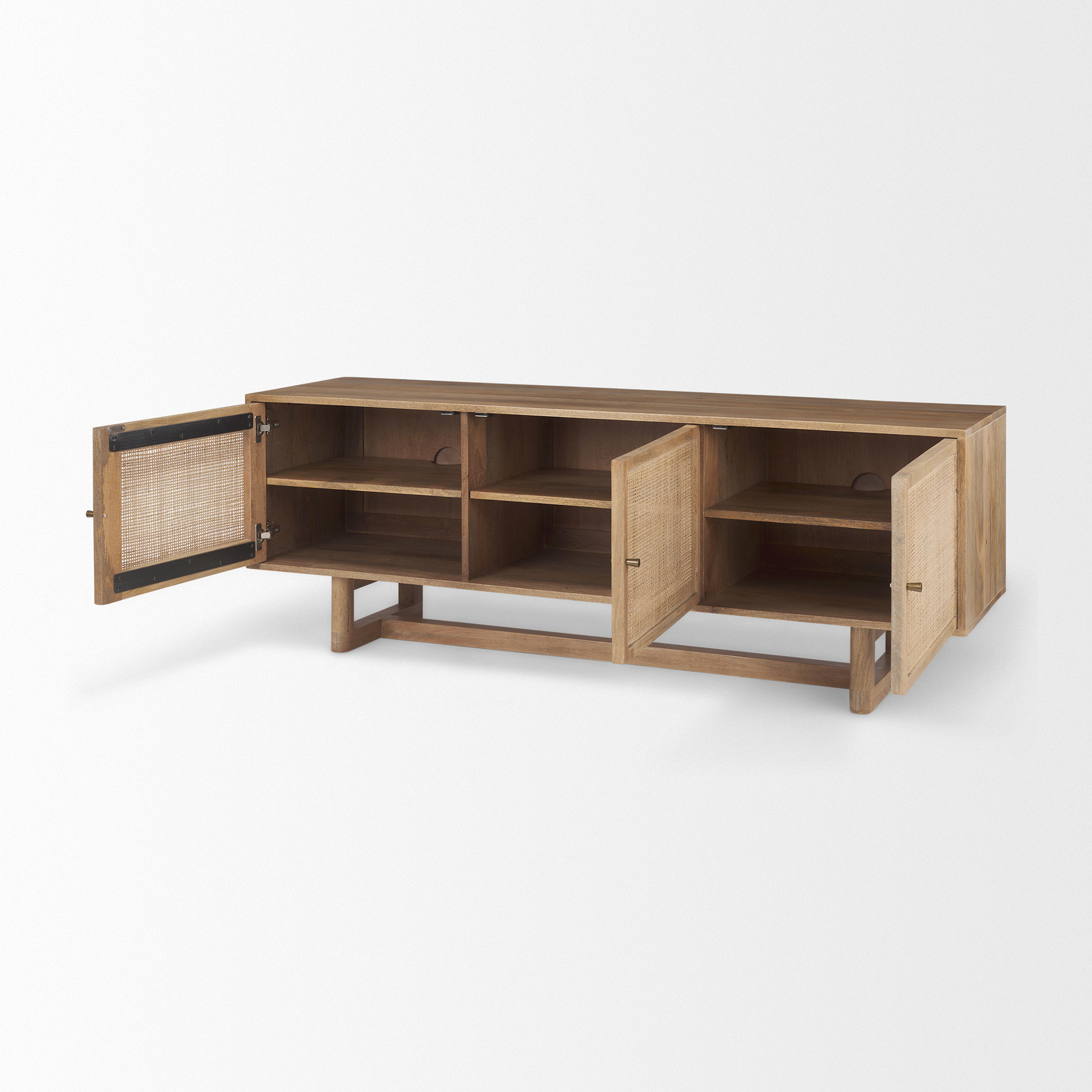 Grier 65' Light Brown Wood with Cane Media Console, by Mercana, 65" length x 18.75" width x 23" height View 6