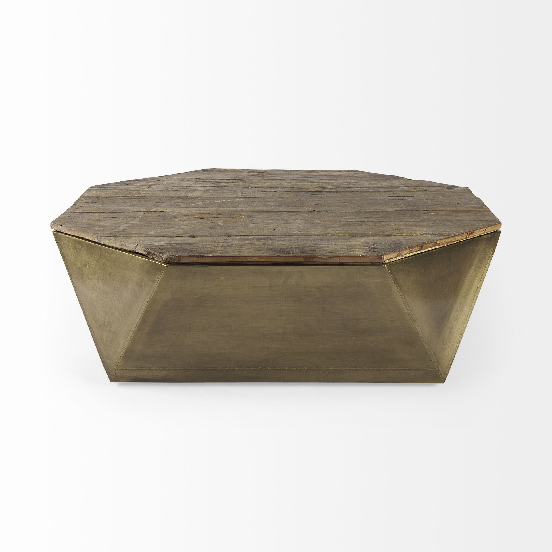 Esagono Octagonal Gold Metal-Clad Reclaimed Wood Coffee Table with Storage, by Mercana, 48" length x 48" width x 15" height View 4