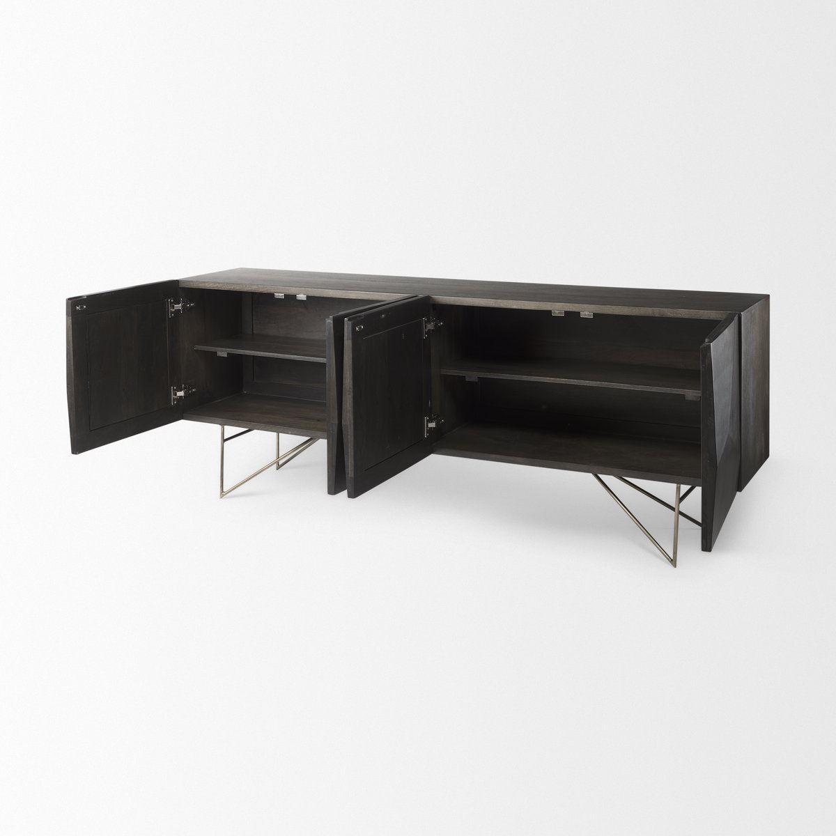 Darwin 80x17.5 Brown Solid Wood Gold Metal Base 4 Cabinet Door Sideboard, Sideboards & Buffet by Mercana, 80" length x 17.5" width x 30" height View 8