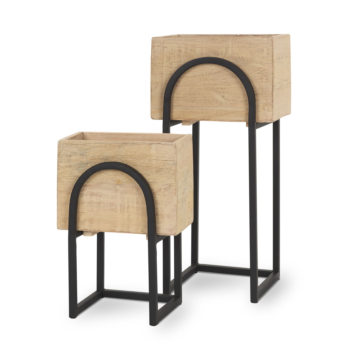 Jadine Set of 2  Beige Wood with Black Metal Arch Frames, Planter by Mercana, 15" length x 12" width x 29.5" height View 1