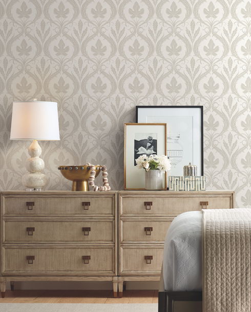 Adirondack Damask Beige & White Wallpaper