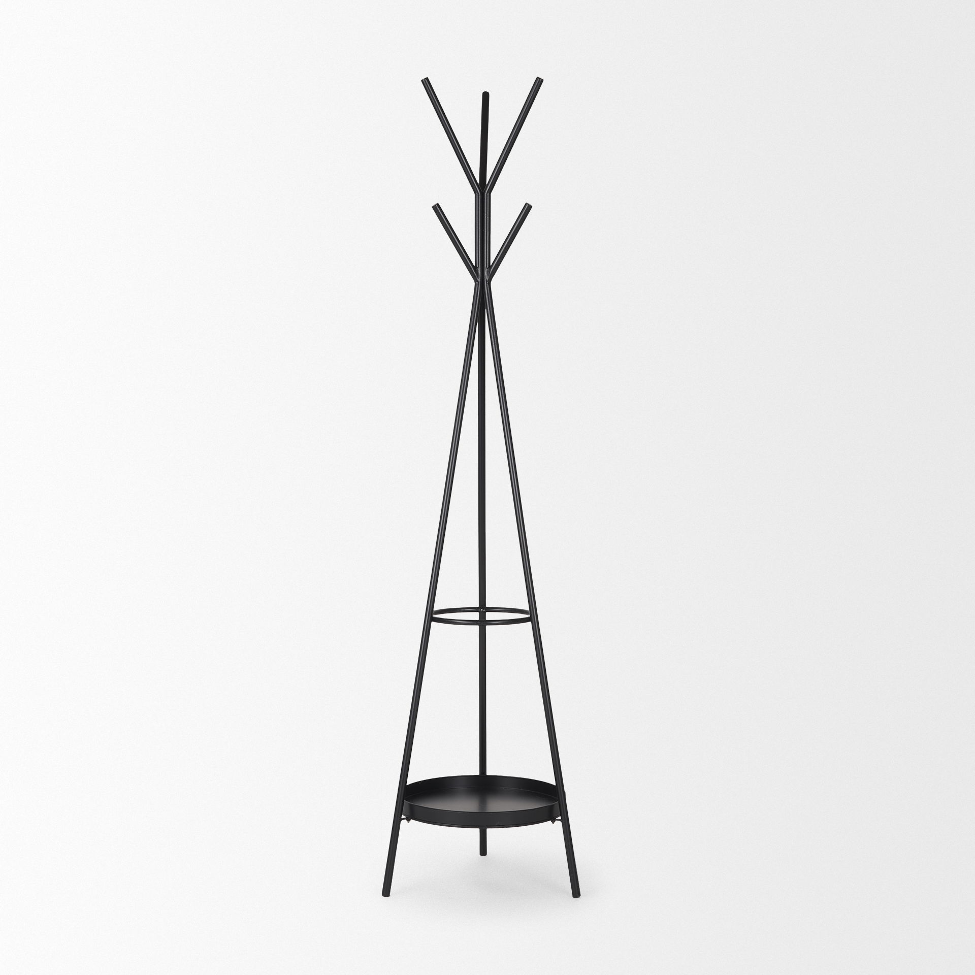 Everett Matte Black Metal with Two Metal Shelves Coat Rack, Stands, Racks & Hook by Mercana, 17" length x 17" width x 71" height View 3