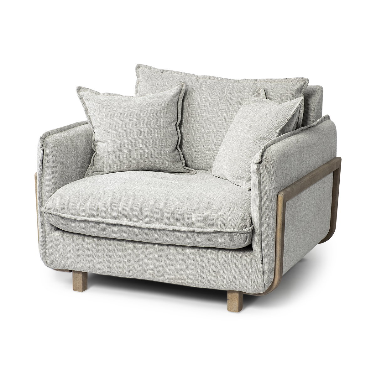Roy II Frost Gray Upholstered and Brown Wood Frame Arm Chair, Accent Chair by Mercana, 43.31" length x 41.73" width x 33.07" height View 1