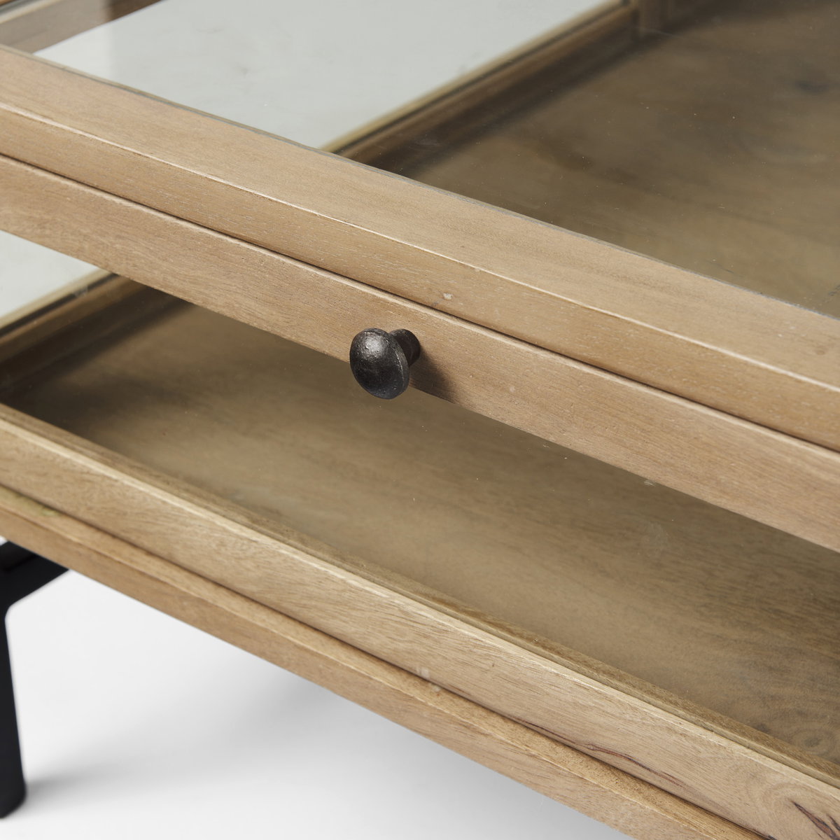 Arelius 42' Square Glass-Top Light Brown with Black Metal Base Display Coffee Table, by Mercana, 43.5" length x 42" width x 15" height View 10