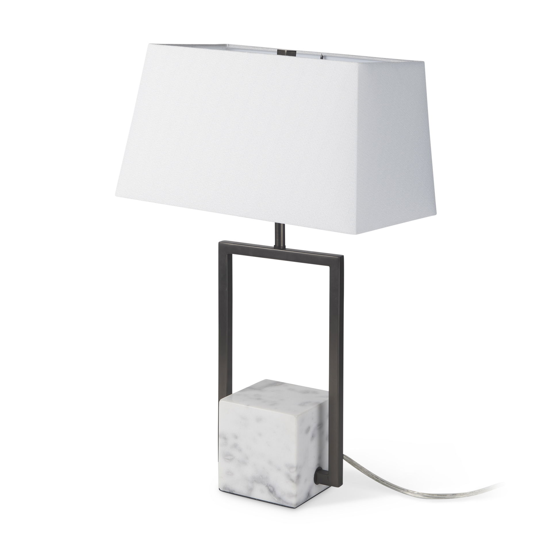 Peyton  Black Metal with Marble Cube and White Shade Table Lamp, by Mercana, 14" length x 9" width x 26.2" height View 1