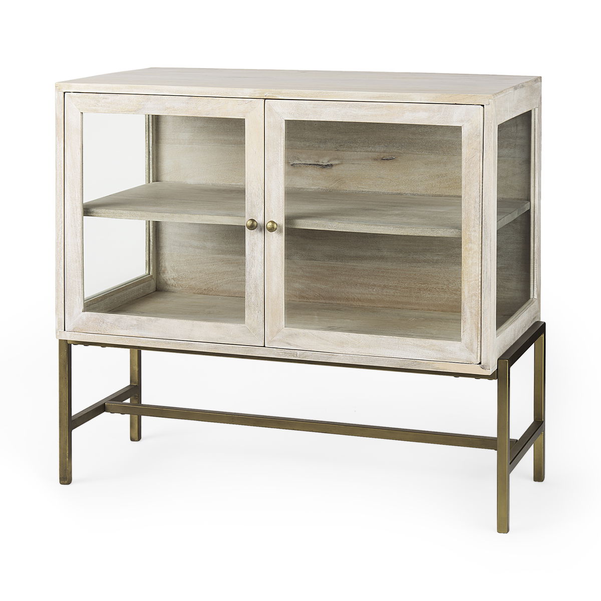 Arelius 36L x 18W x 32H White Wood, Gold Metal Base with 2 Glass Doors Accent Cabinet, Cabinets & Chest by Mercana, 36" length x 18.75" width x 32" height View 1