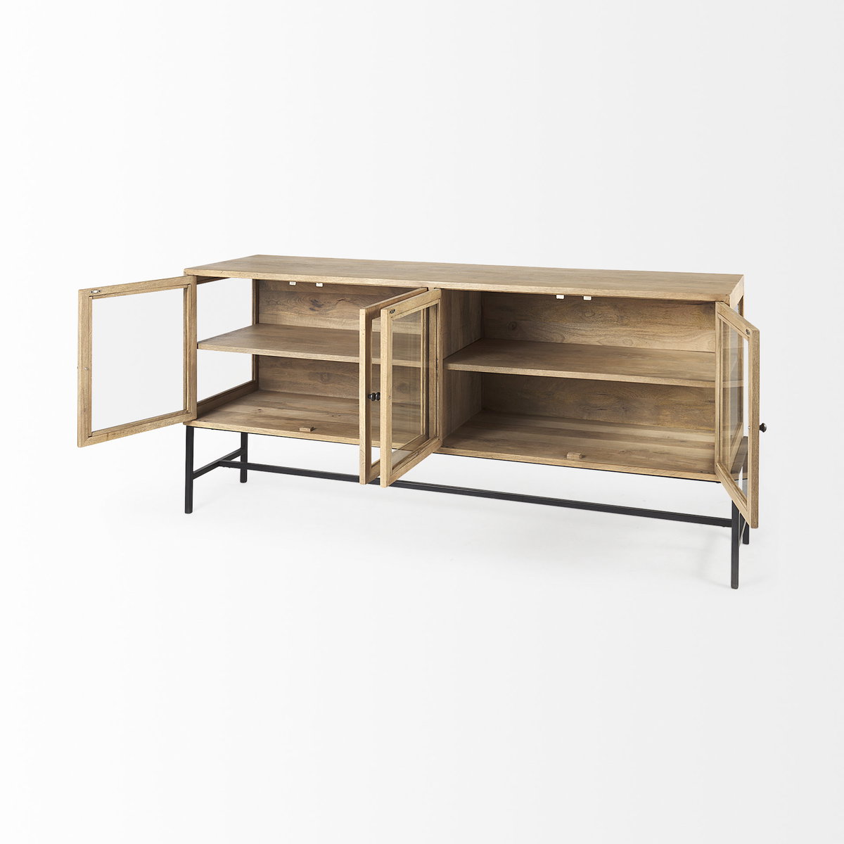 Arelius 70L x 18.75W x 32H Light Brown Wood, Black Metal Base with 4 Glass Cabinet Doors Sideboard, Sideboards & Buffet by Mercana, 70" length x 18.75" width x 32" height View 7