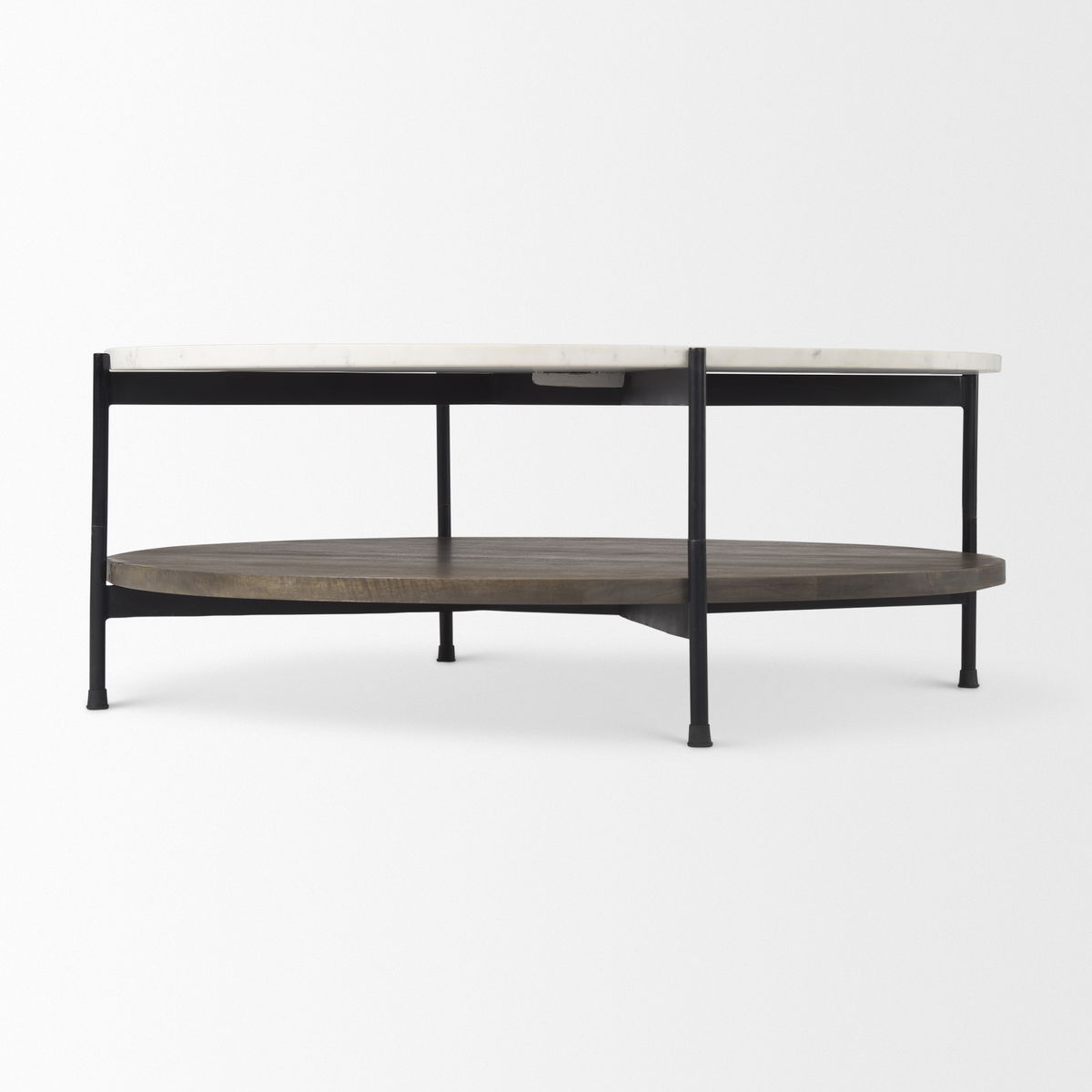Larkin 42' Round Two-Tier White Marble Top and Solid Wood Shelf with Black Metal Frame Coffee Table, by Mercana, 43.5" length x 43.5" width x 16" height View 4