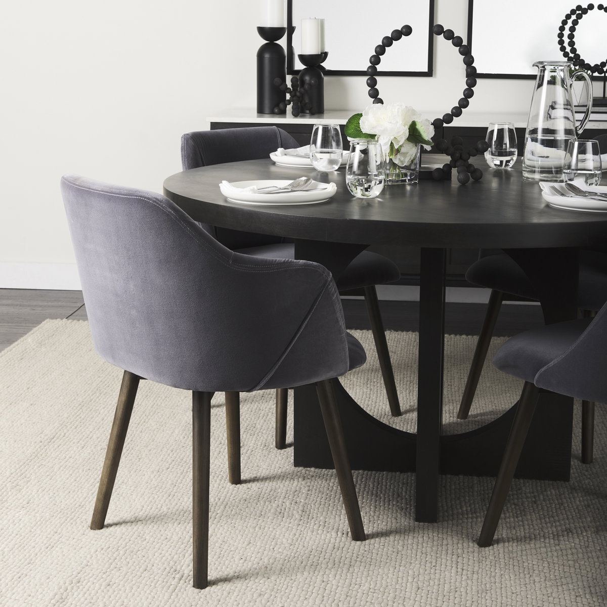 Ronald Curved Back Dining Side Chair | Grey Velvet with Black Wood, Dining Chair by Mercana, 23.25" length x 21.75" width x 32.25" height View 5