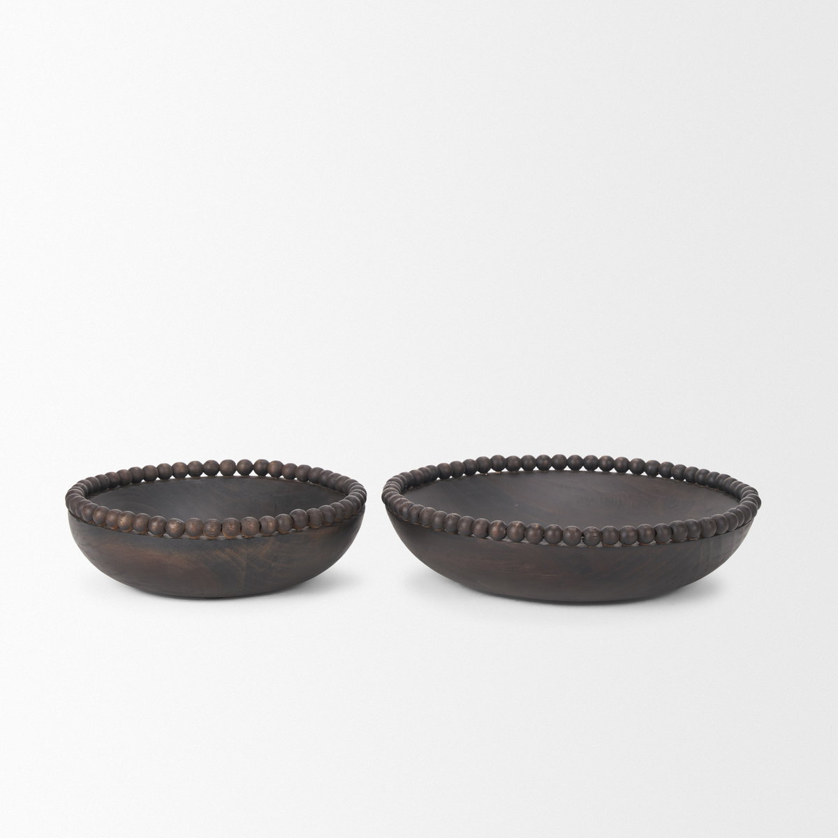 Wendell Dark Brown Wood with Wood Beads Round Bowls, Decorative Bowl by Mercana, 12" length x 12" width x 3" height View 3