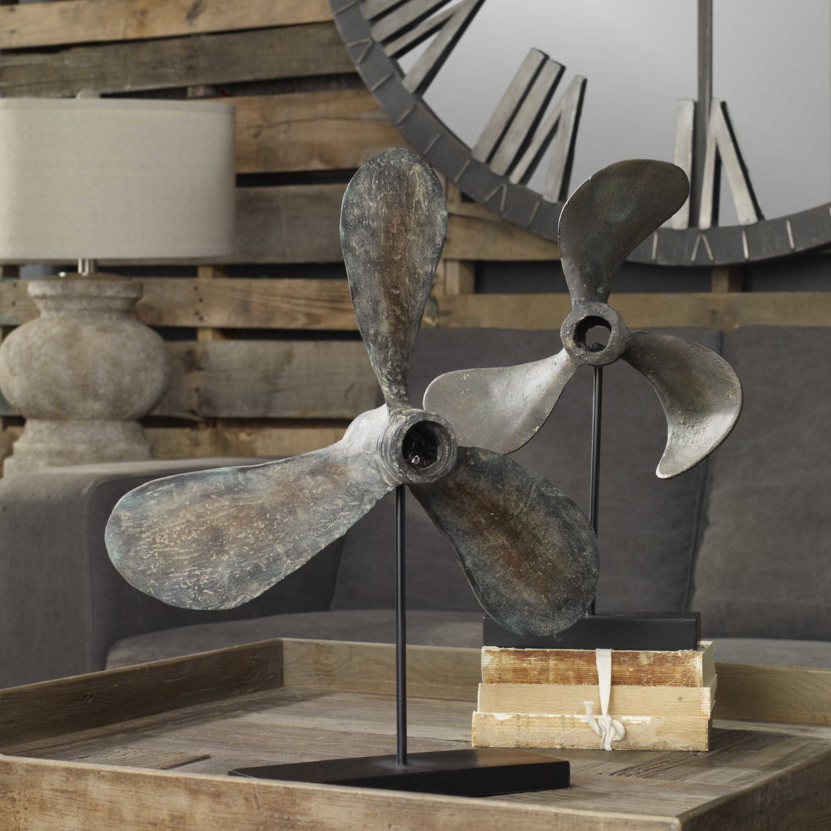 Propellers Rust Sculptures Set/2, Figurines & Statue by Uttermost, 16" width x 20.5" height x 4" depth View 3