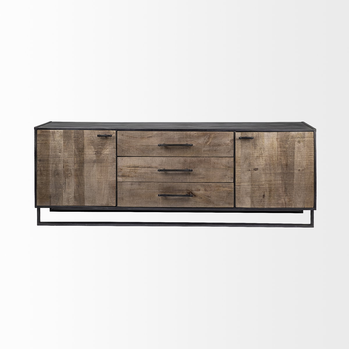 Alvin 82x20 Brown Solid Wood With Black Metal Frame 3 Drawer 2 Cabinet Door Sideboard, Sideboards & Buffet by Mercana, 82" length x 20" width x 30" height View 6