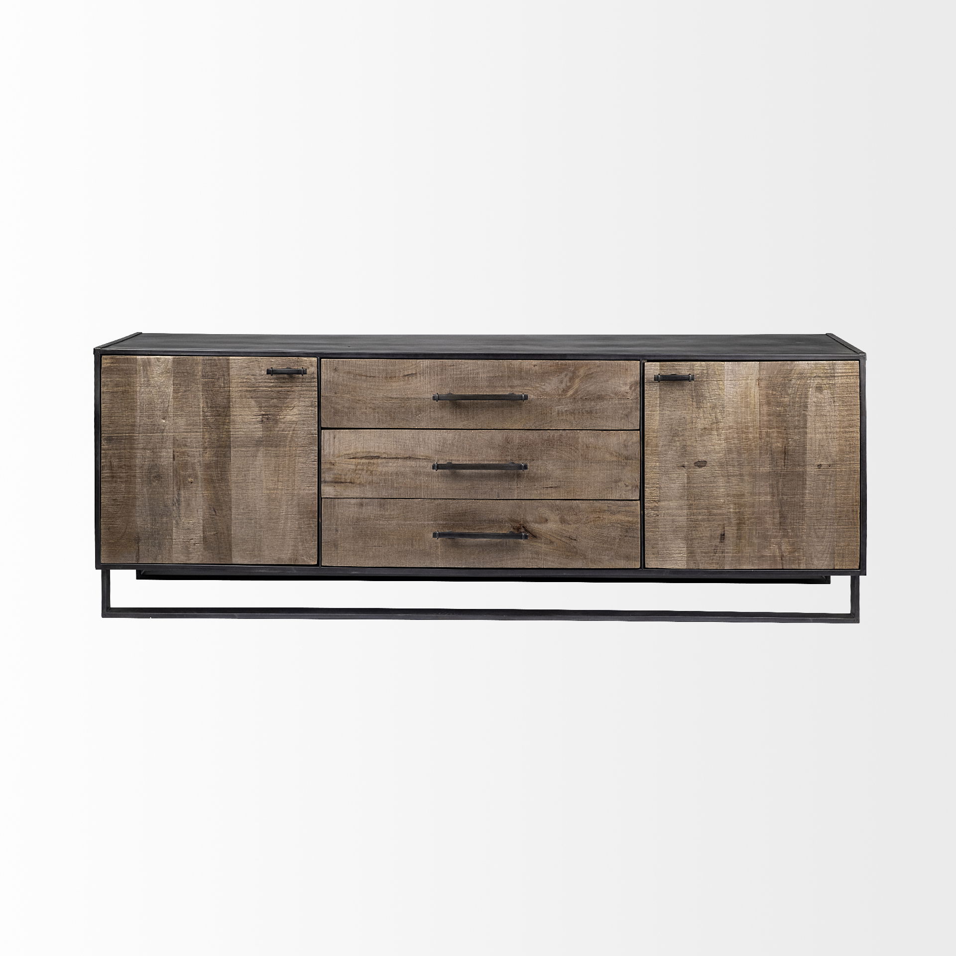 Alvin 82x20 Brown Solid Wood With Black Metal Frame 3 Drawer 2 Cabinet Door Sideboard large image 