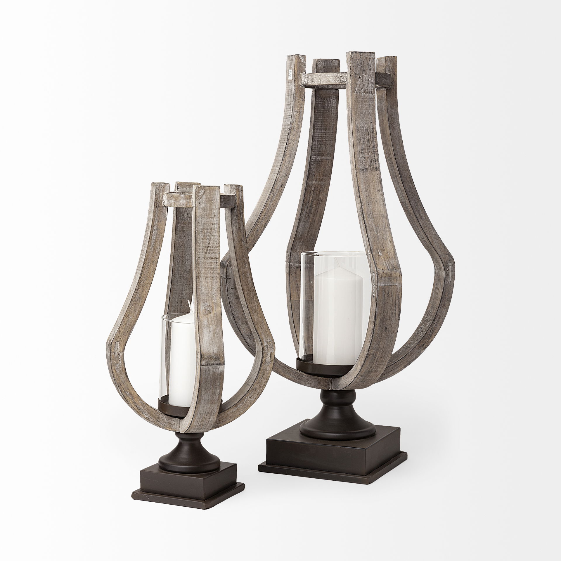 Brillion Small Rustic Wood Metal Table Candle Holder, Candles & Candle Holder by Mercana, 7.5" length x 7.28" width x 16.93" height View 6