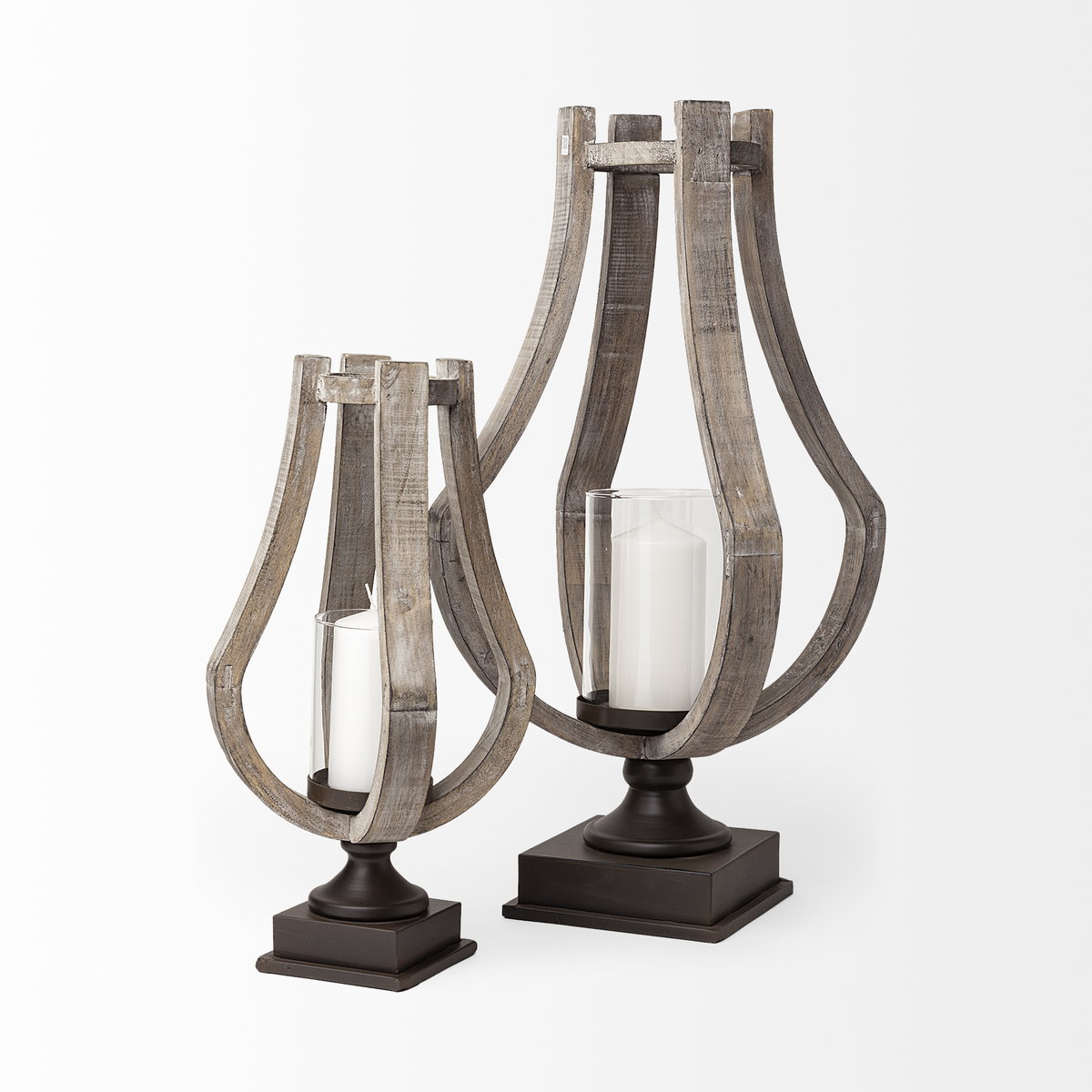 Brillion Small Rustic Wood Metal Table Candle Holder, Candles & Candle Holder by Mercana, 7.5" length x 7.28" width x 16.93" height View 6