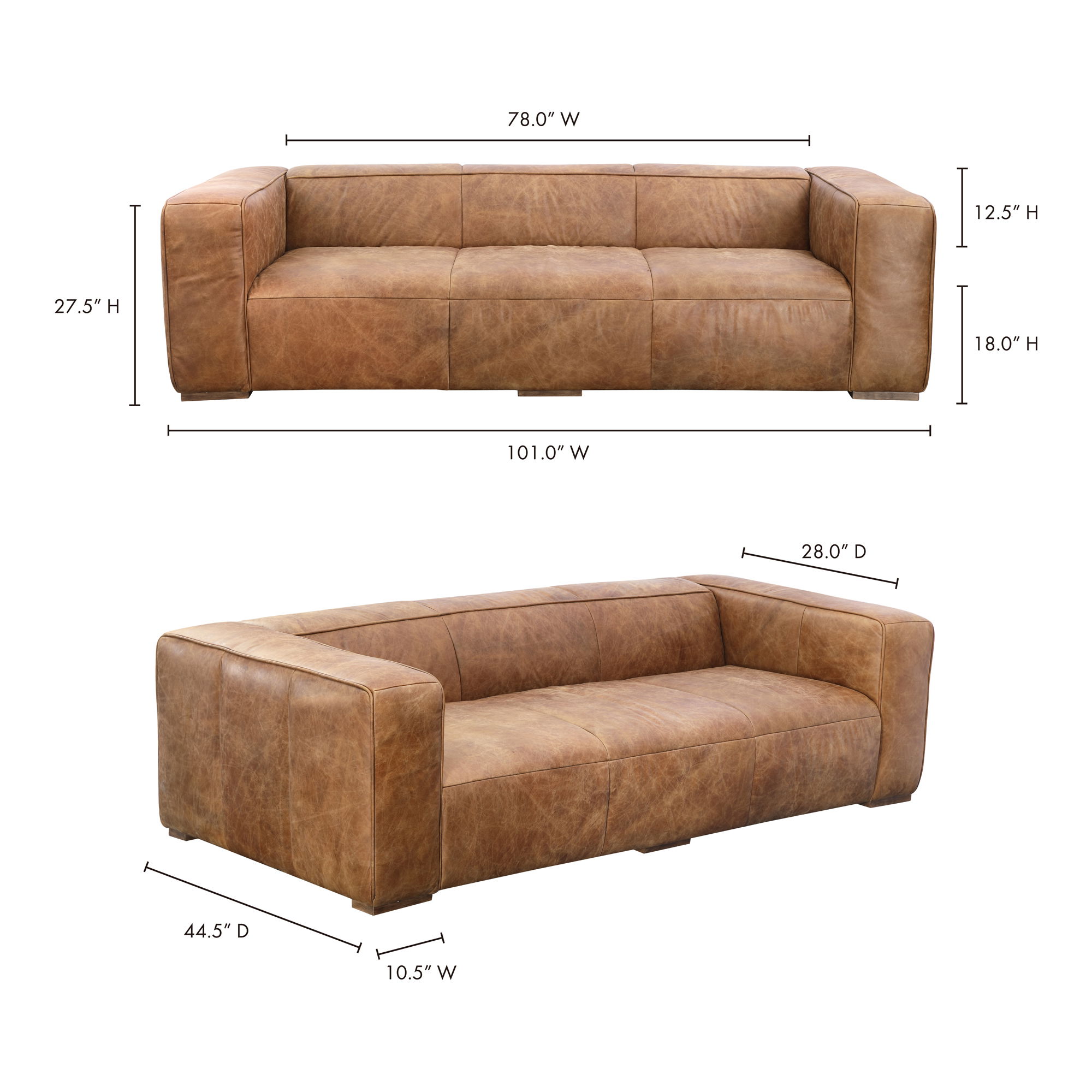Bolton Sofa Open Road Brown Leather, Sofas & Sectional by Moe's Home, 101" width x 27.5" height x 44.5" depth View 12