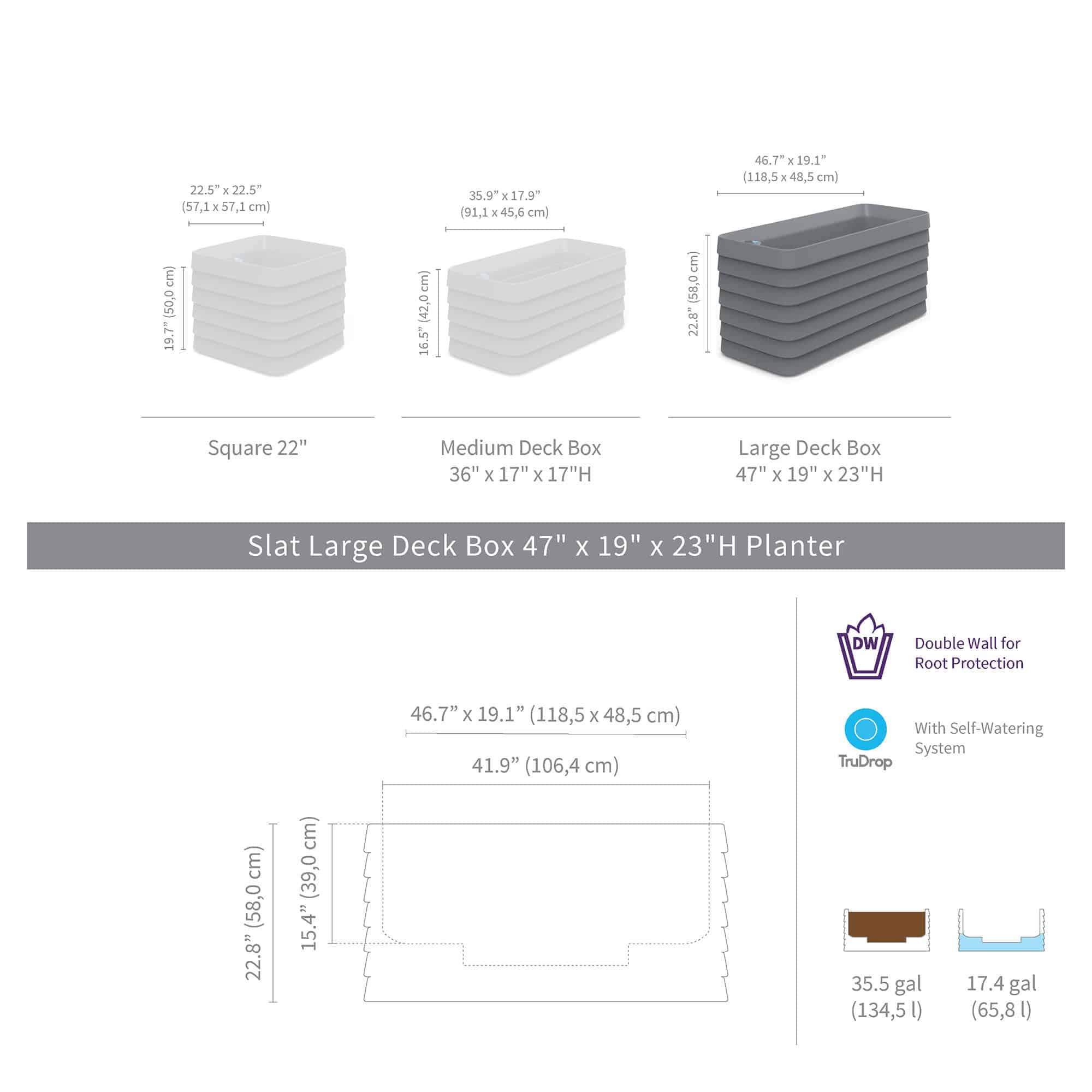 TruDrop Slat Self Watering Large Deck Box, Planter by Crescent Garden, 19" width x 23" height x 46.65" depth View 5