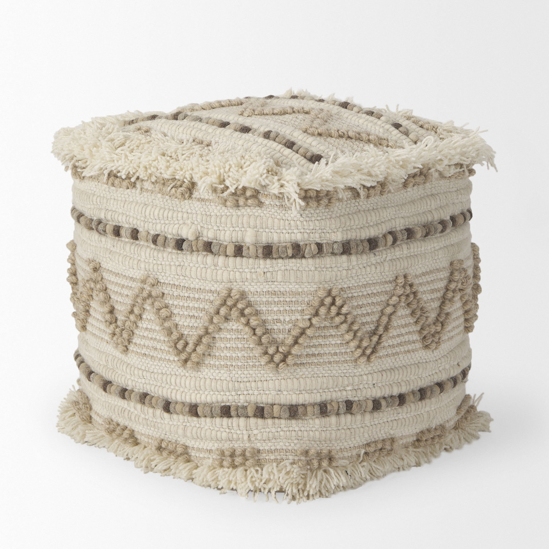 Caela Beige/Brown Wool, Cotton and Felt Popcorn Stitch Square Pouf large image 