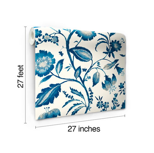 Watercolor Jacobean Blue & White Wallpaper
