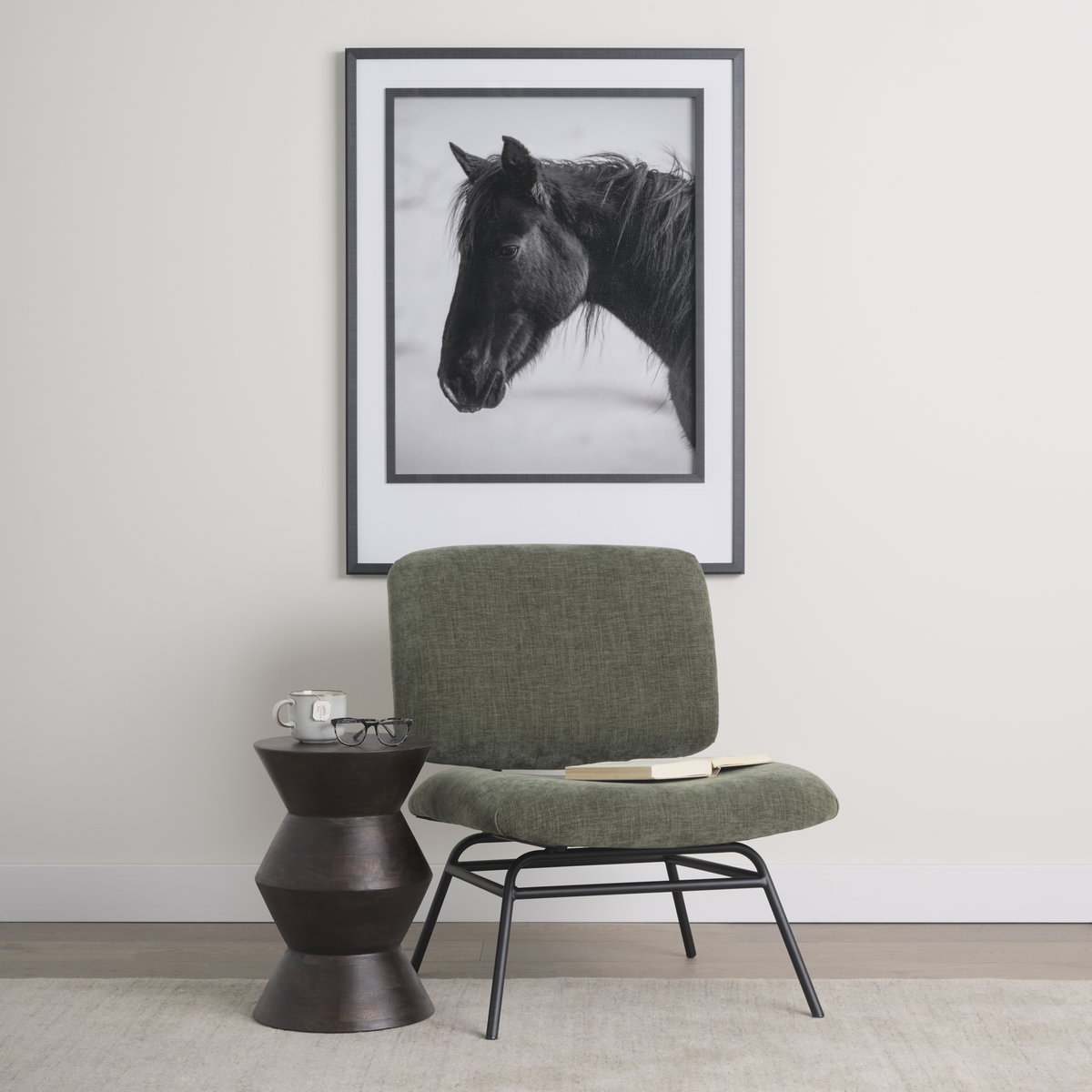Nora Forest Green Fabric with Matte Black Metal Legs Accent Chair, by Mercana, 25" length x 30.25" width x 31" height View 2